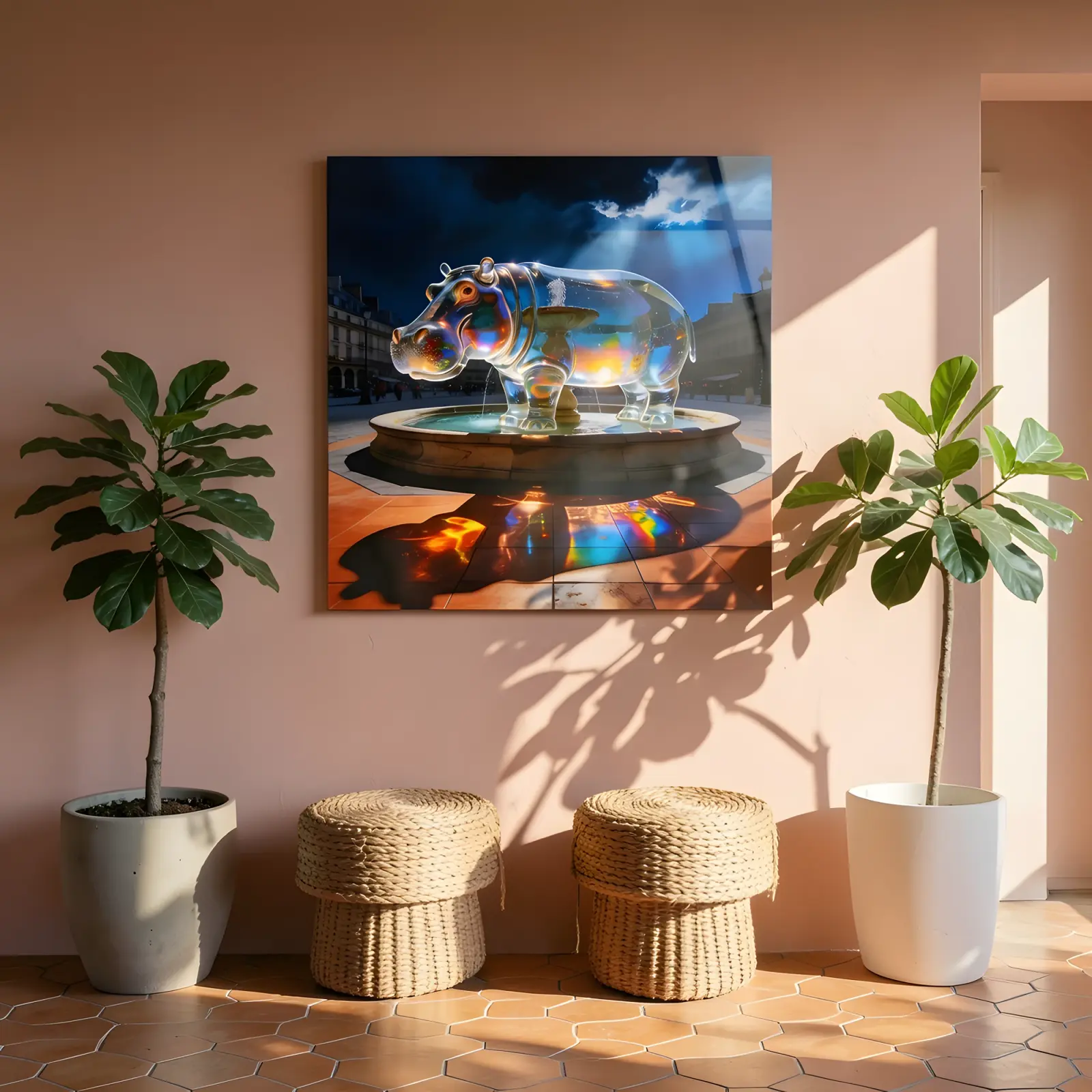 Glass Hippo Wall Art Surreal Fountain Night Scene | Glass Wall Art — 7