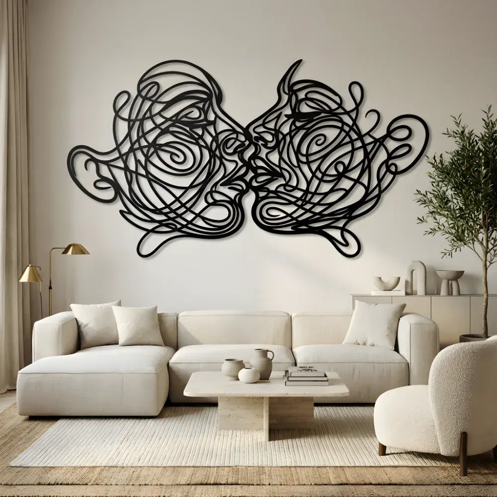 Romantic Couple Kiss Metal Wall Art – Swirling Faces, Bedroom Decor