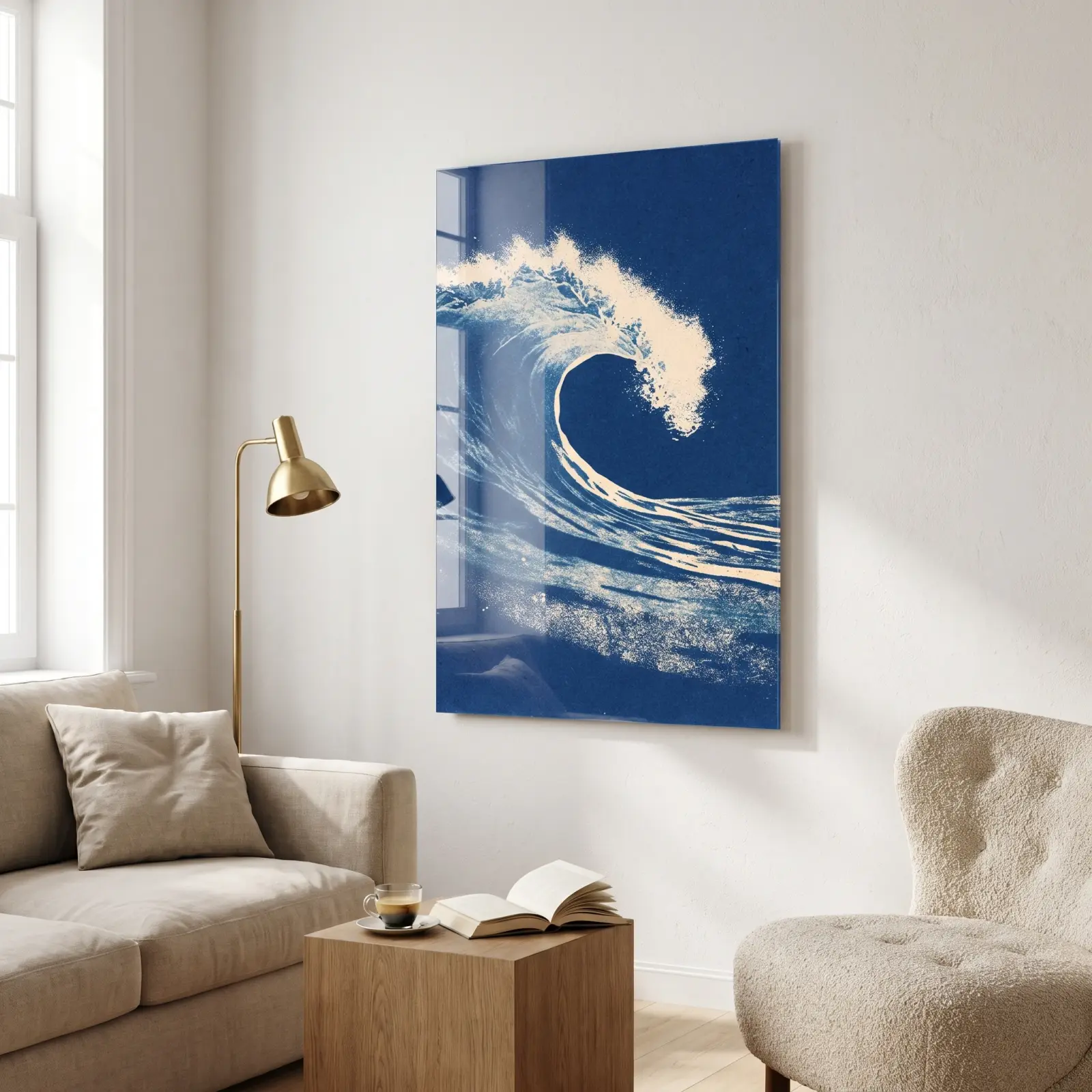 Blue Ocean Wave Cyanotype Coastal Glass Wall Art