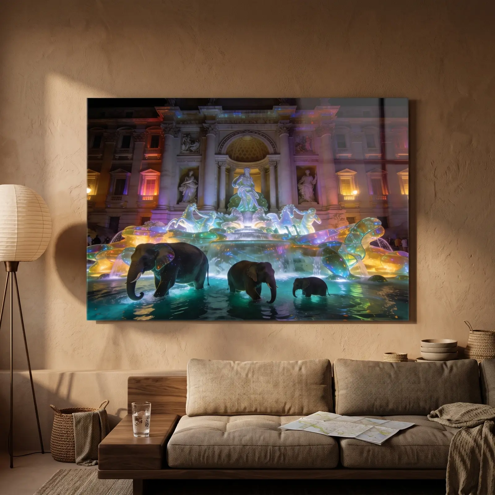Neon Baroque Fountain Elephants Surreal Night | Glass Wall Art