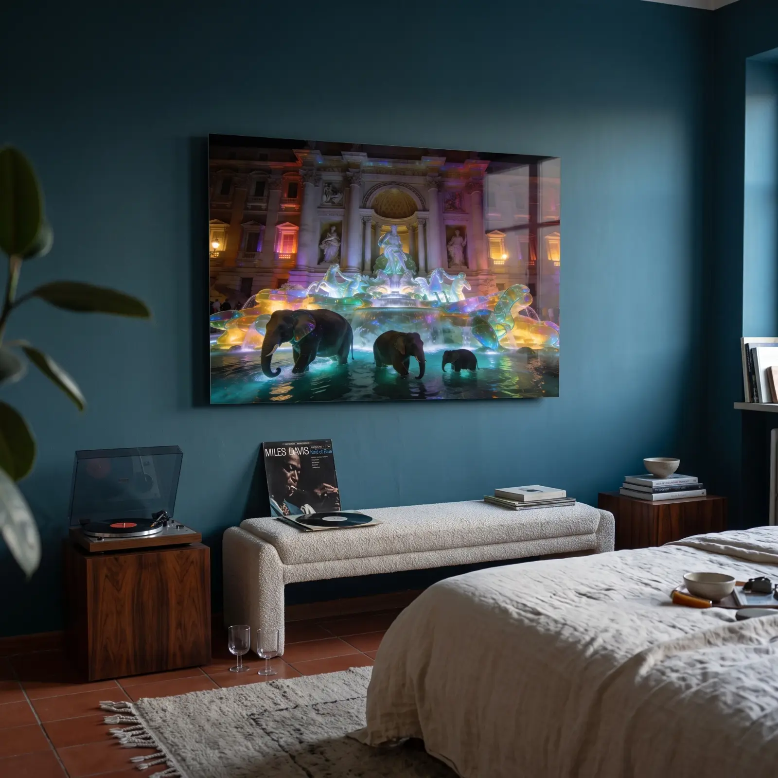Neon Baroque Fountain Elephants Surreal Night | Glass Wall Art — 2