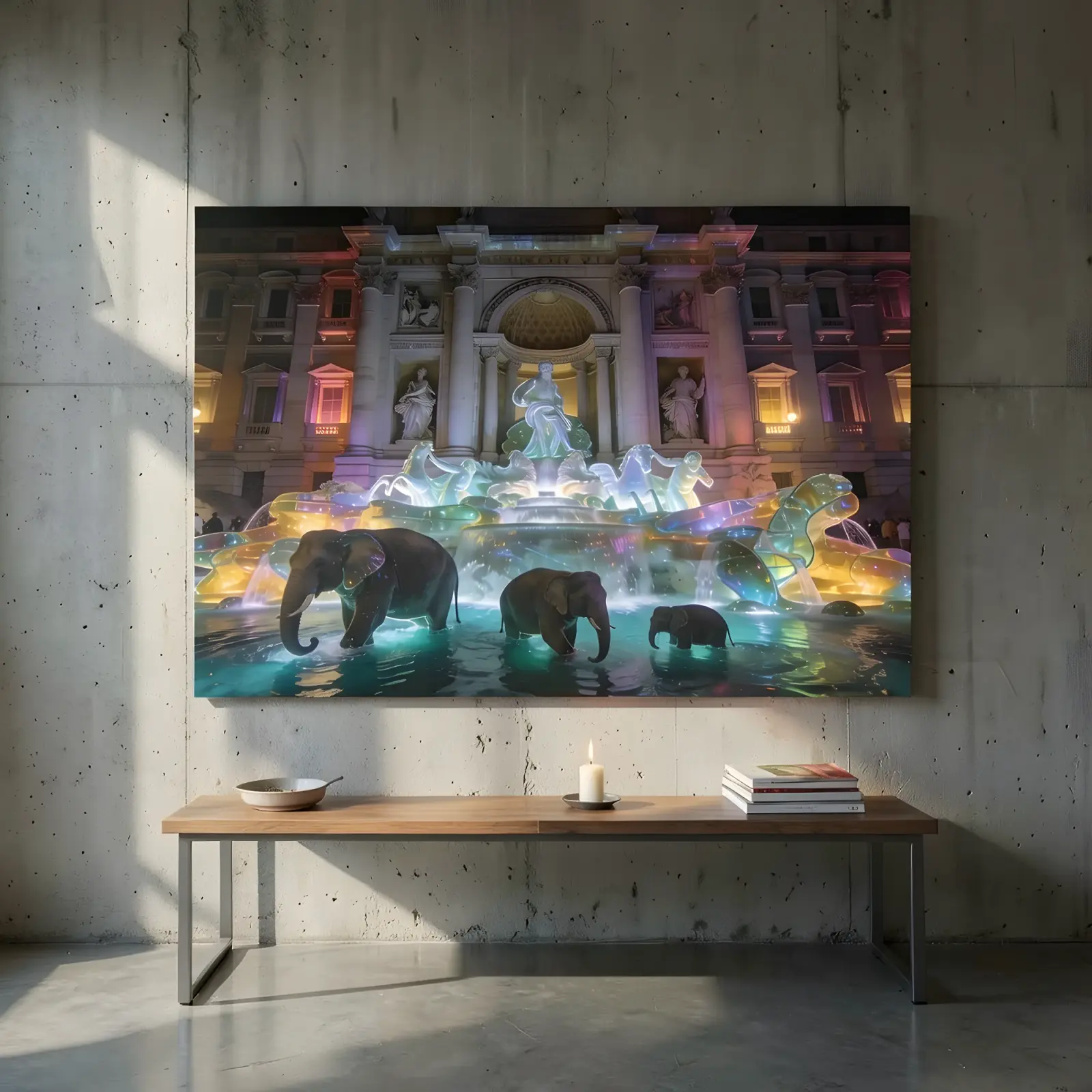 Neon Baroque Fountain Elephants Surreal Night | Glass Wall Art — 4