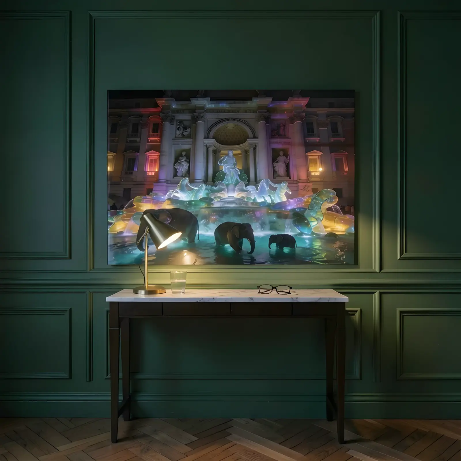 Neon Baroque Fountain Elephants Surreal Night | Glass Wall Art — 5