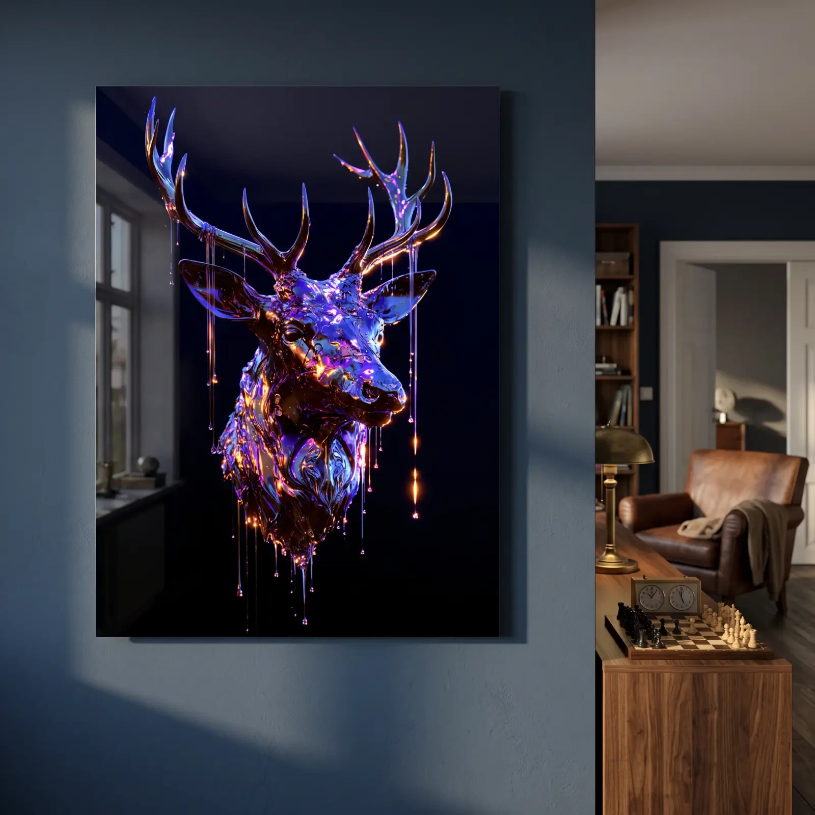 Liquid Stag Glass Wall Art Violet Neon Deer | Tempered Glass Print