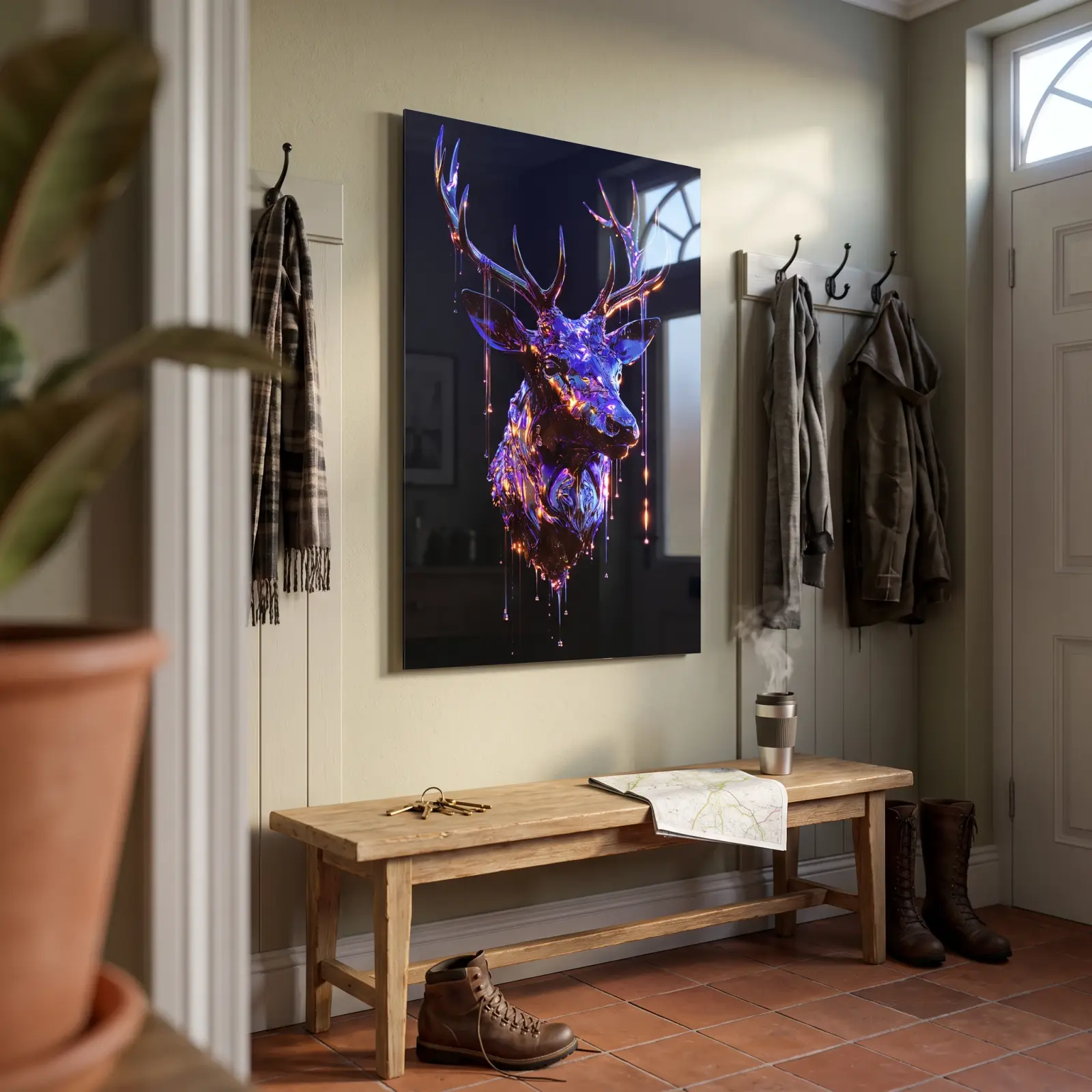 Liquid Stag Glass Wall Art Violet Neon Deer | Tempered Glass Print — 2