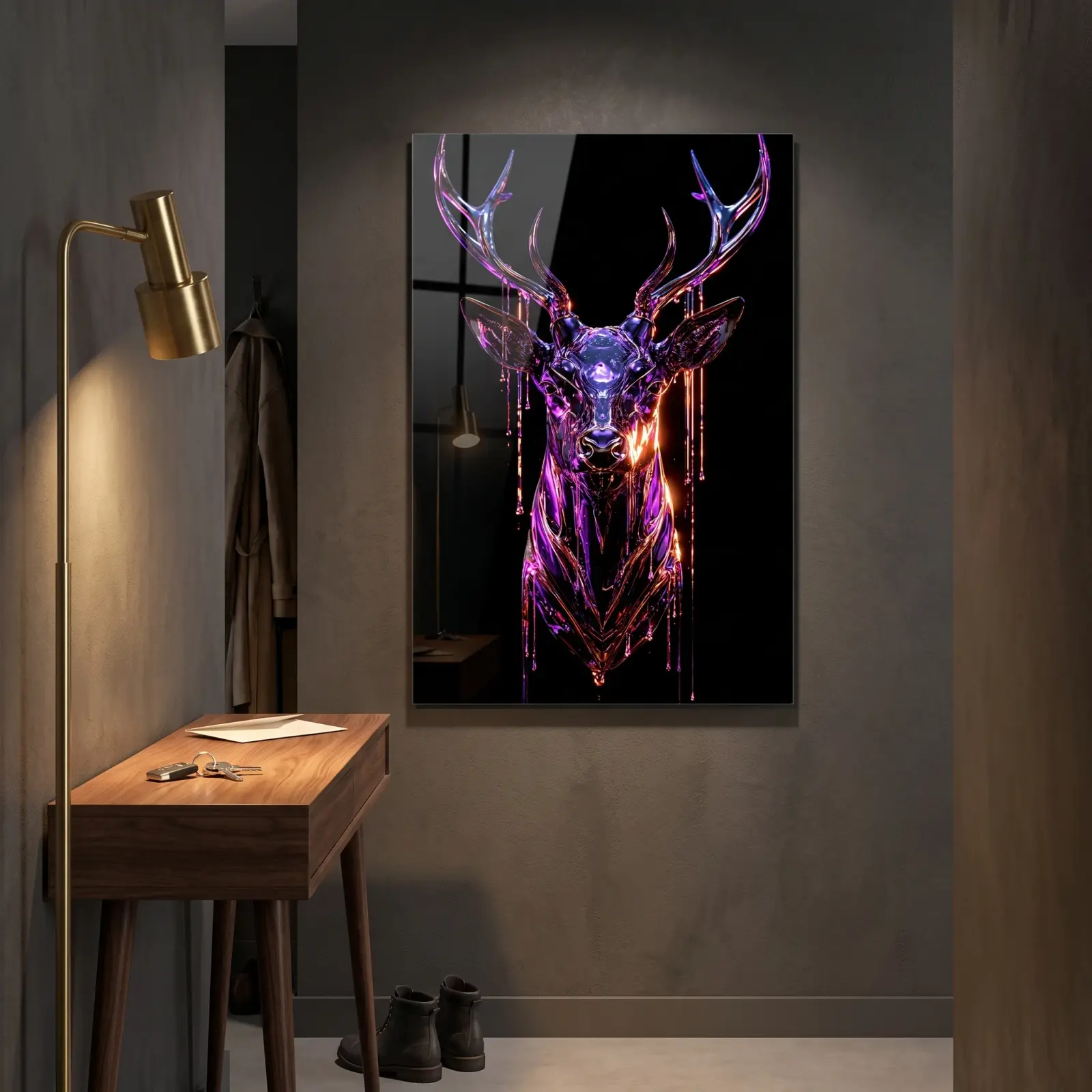 Neon Stag Glass Wall Art Chrome Deer Head | Tempered Glass Print