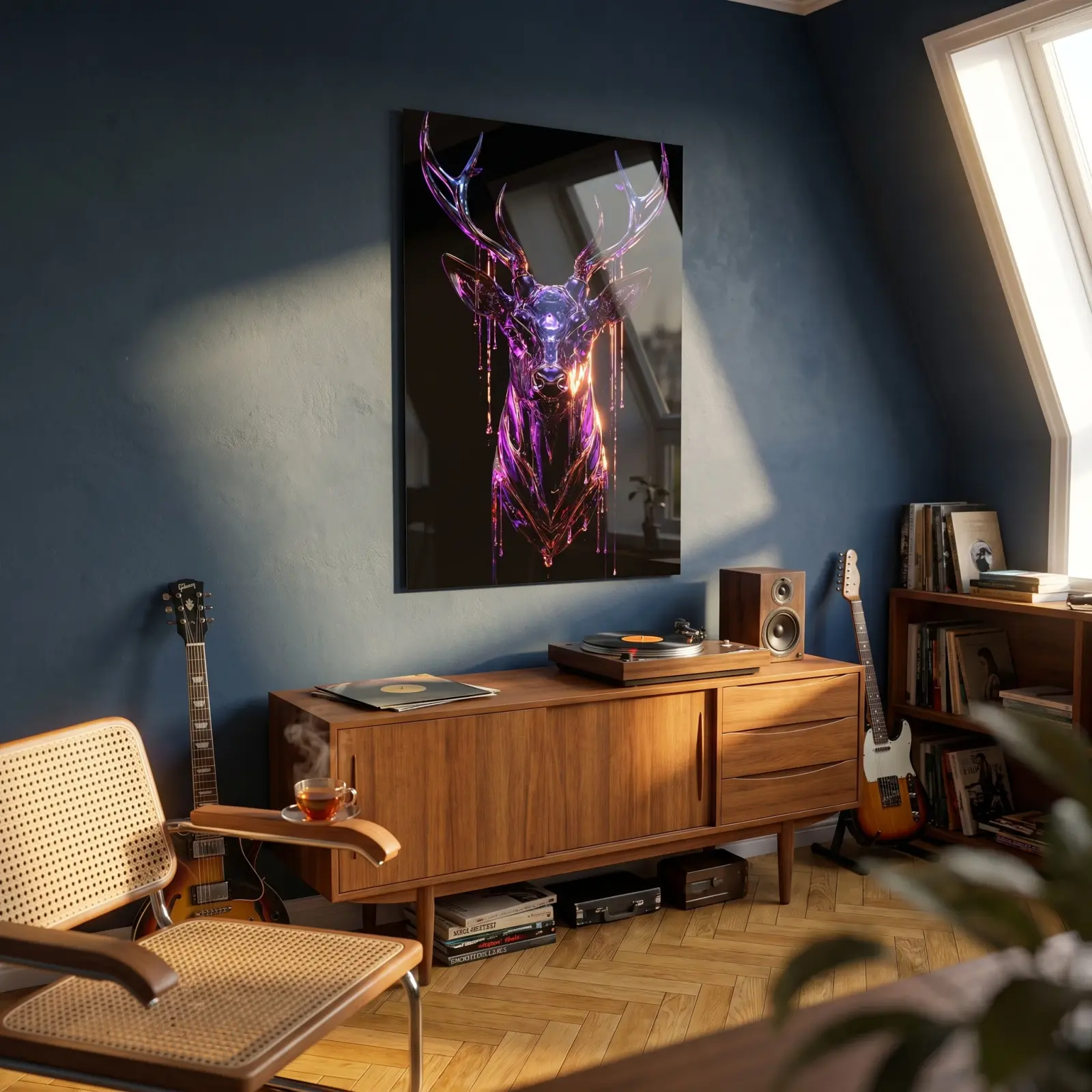 Neon Stag Glass Wall Art Chrome Deer Head | Tempered Glass Print — 2