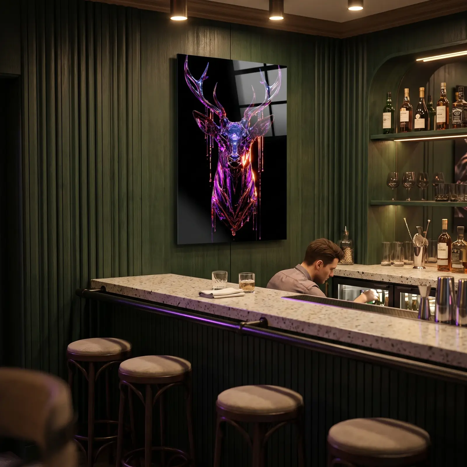 Neon Stag Glass Wall Art Chrome Deer Head | Tempered Glass Print — 3