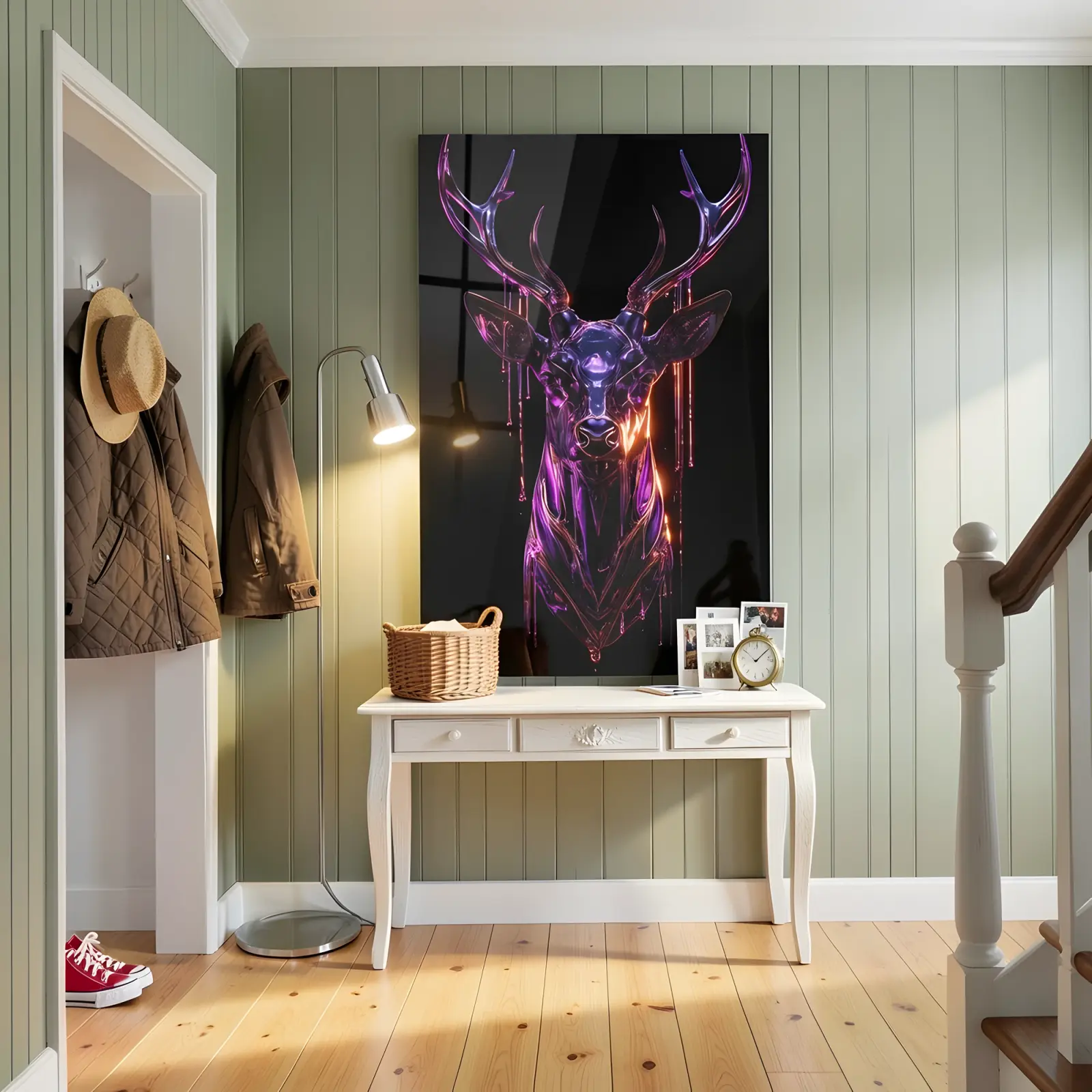 Neon Stag Glass Wall Art Chrome Deer Head | Tempered Glass Print — 4