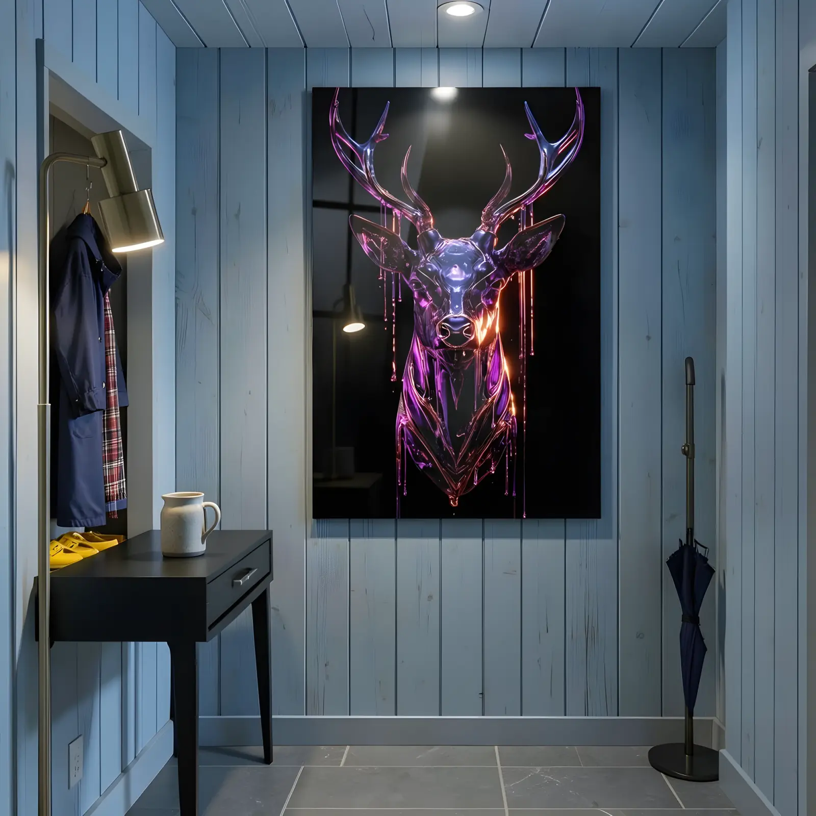 Neon Stag Glass Wall Art Chrome Deer Head | Tempered Glass Print — 5