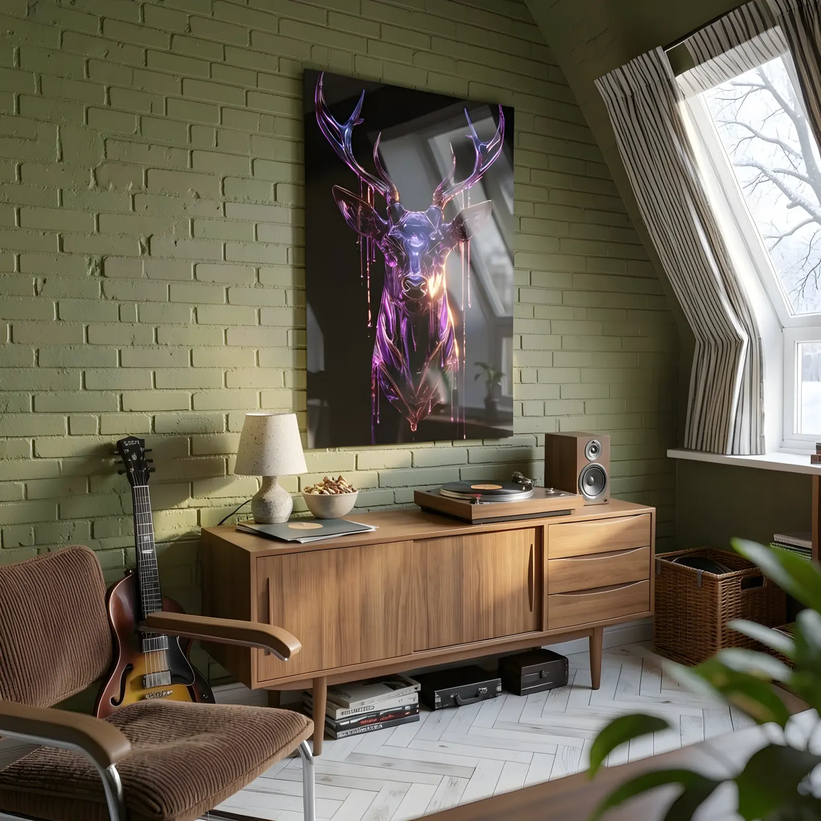 Neon Stag Glass Wall Art Chrome Deer Head | Tempered Glass Print — 7