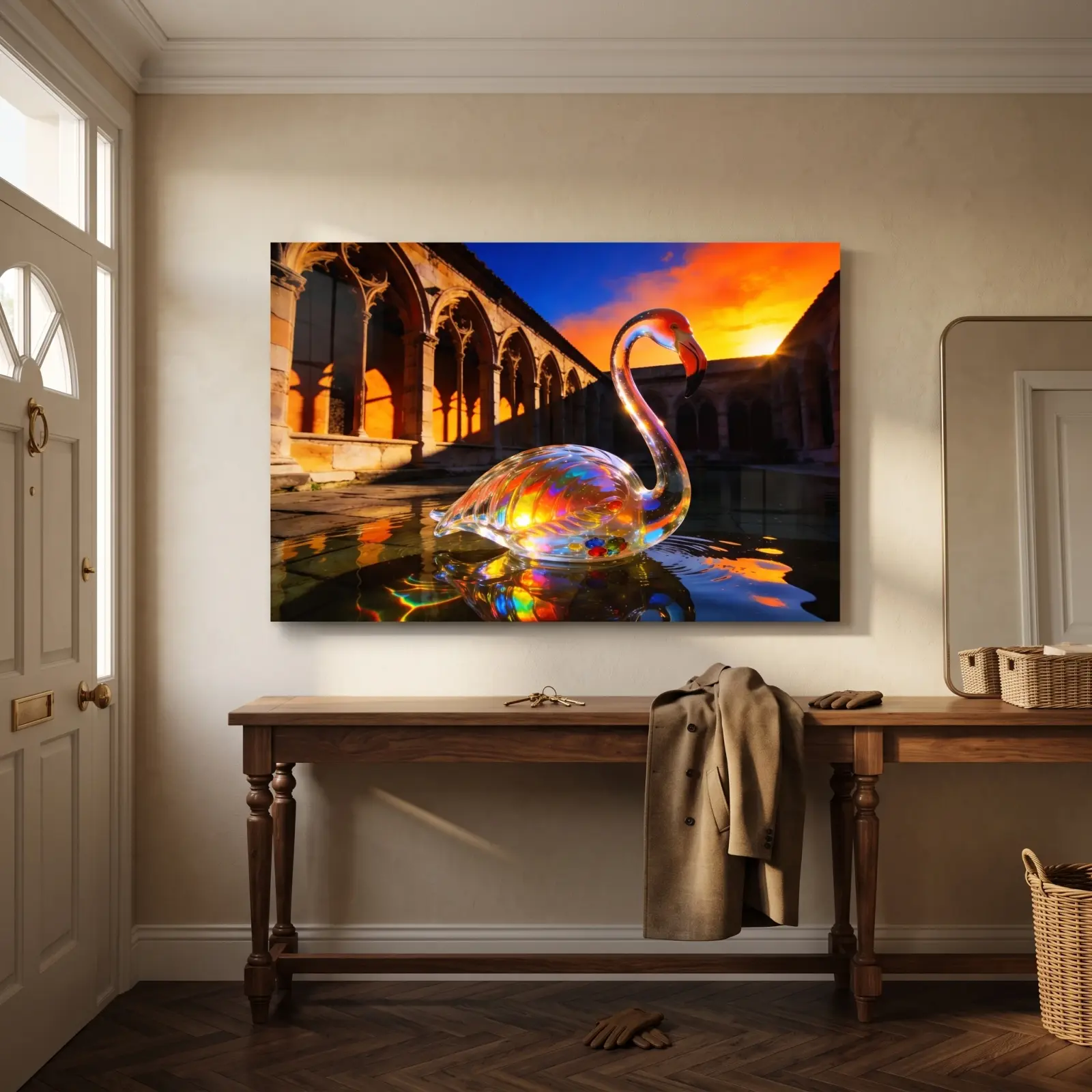 Surreal Flamingo Glass Wall Art Sunset Cloister Tempered Glass Print