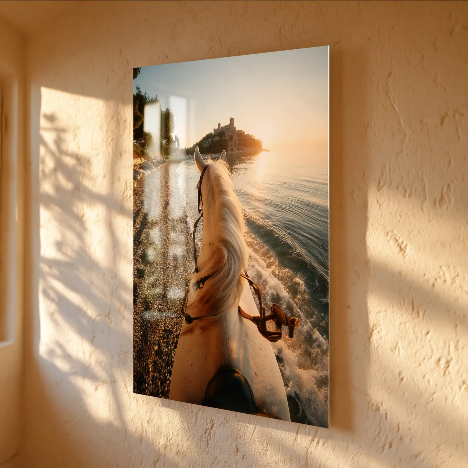 Horseback Beach Ride Golden Hour Coastal | Glass Wall Art