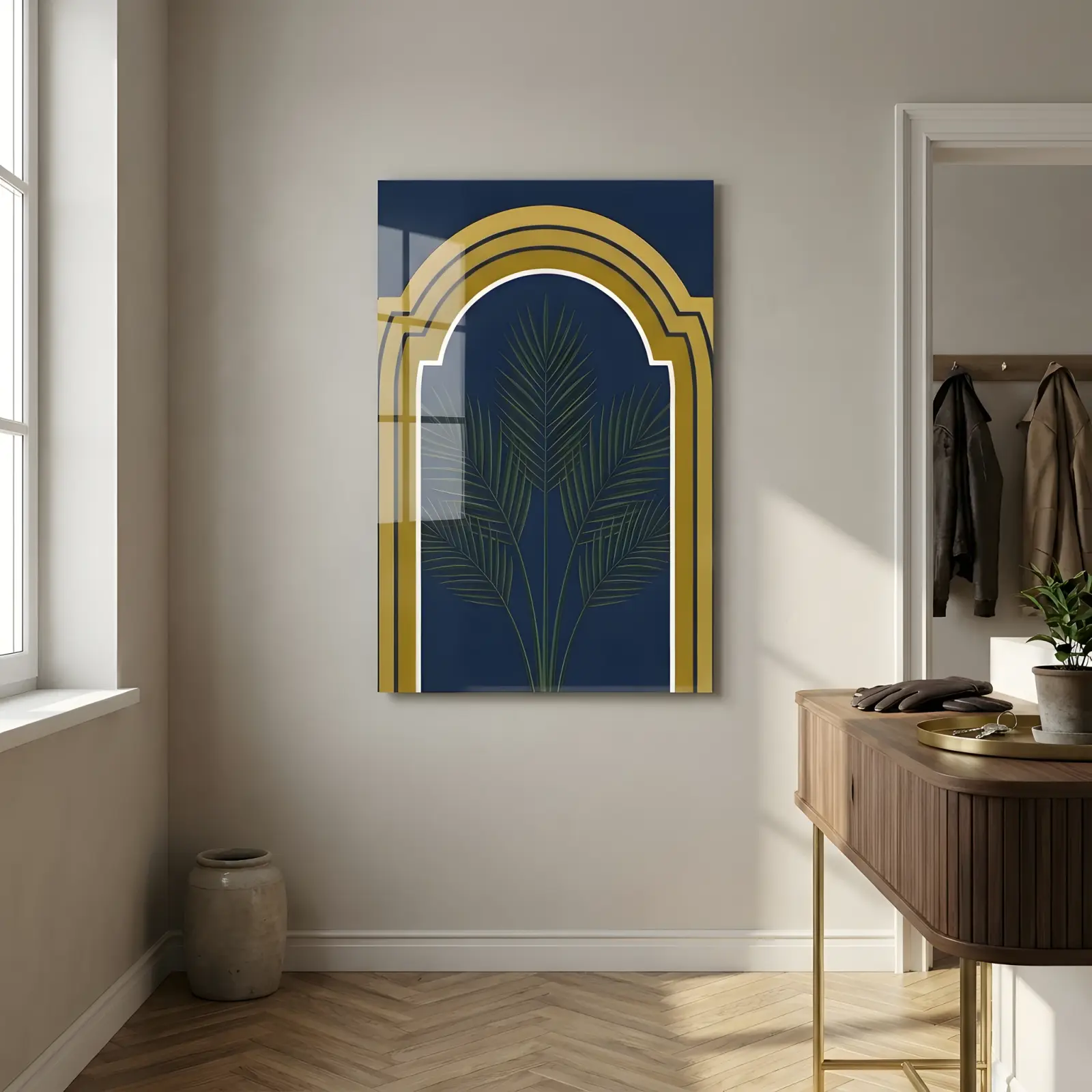 Art Deco Palm Arch Navy Gold Botanical | Glass Wall Art