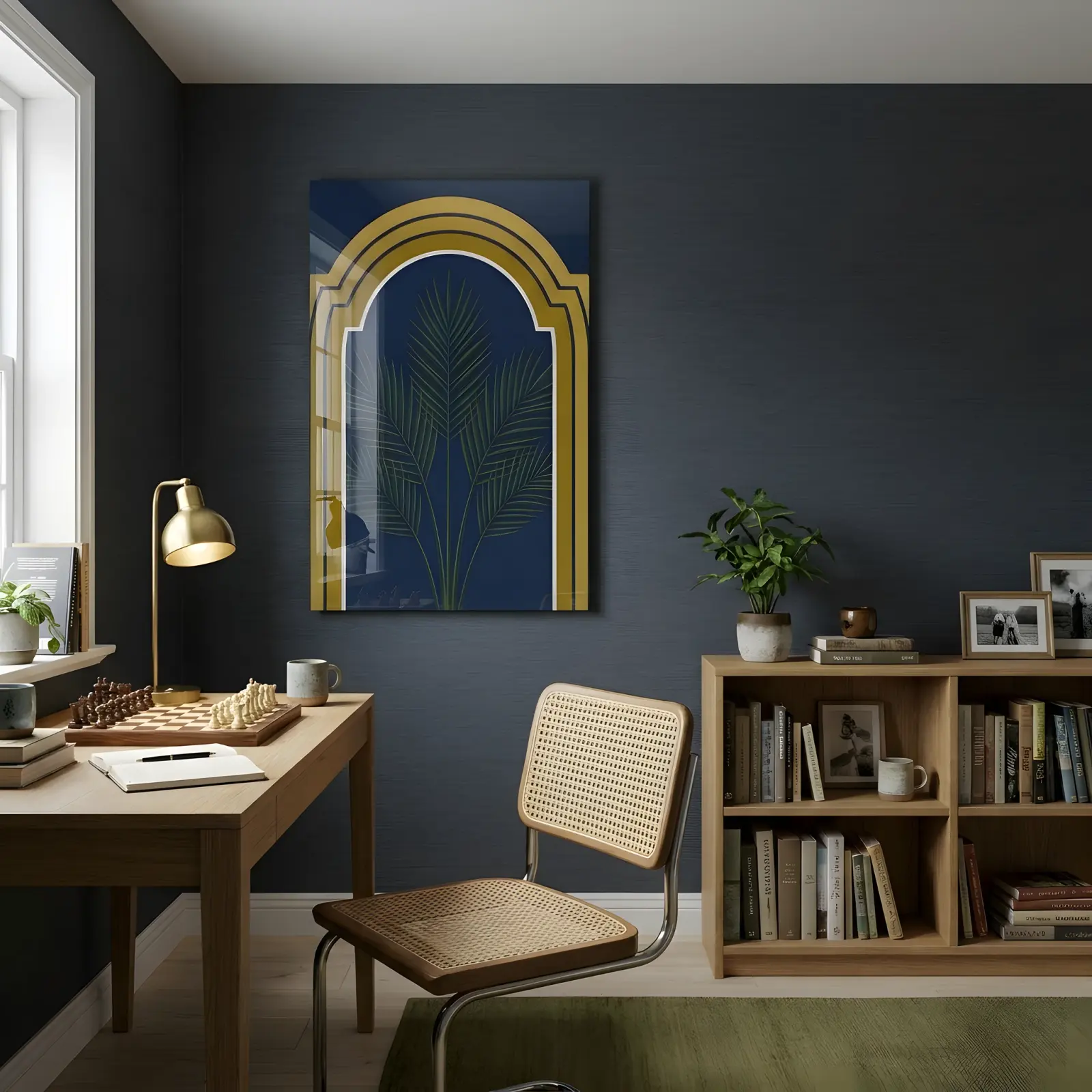 Art Deco Palm Arch Navy Gold Botanical | Glass Wall Art — 4