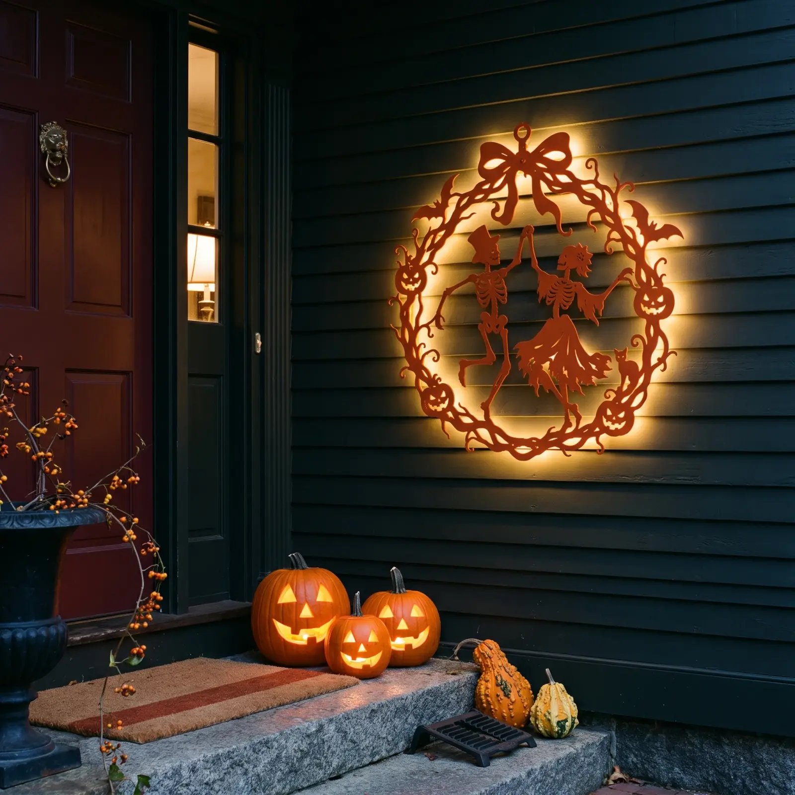 Halloween Skeleton Wreath LED Metal Wall Art – Danse Macabre, Front Door Decor