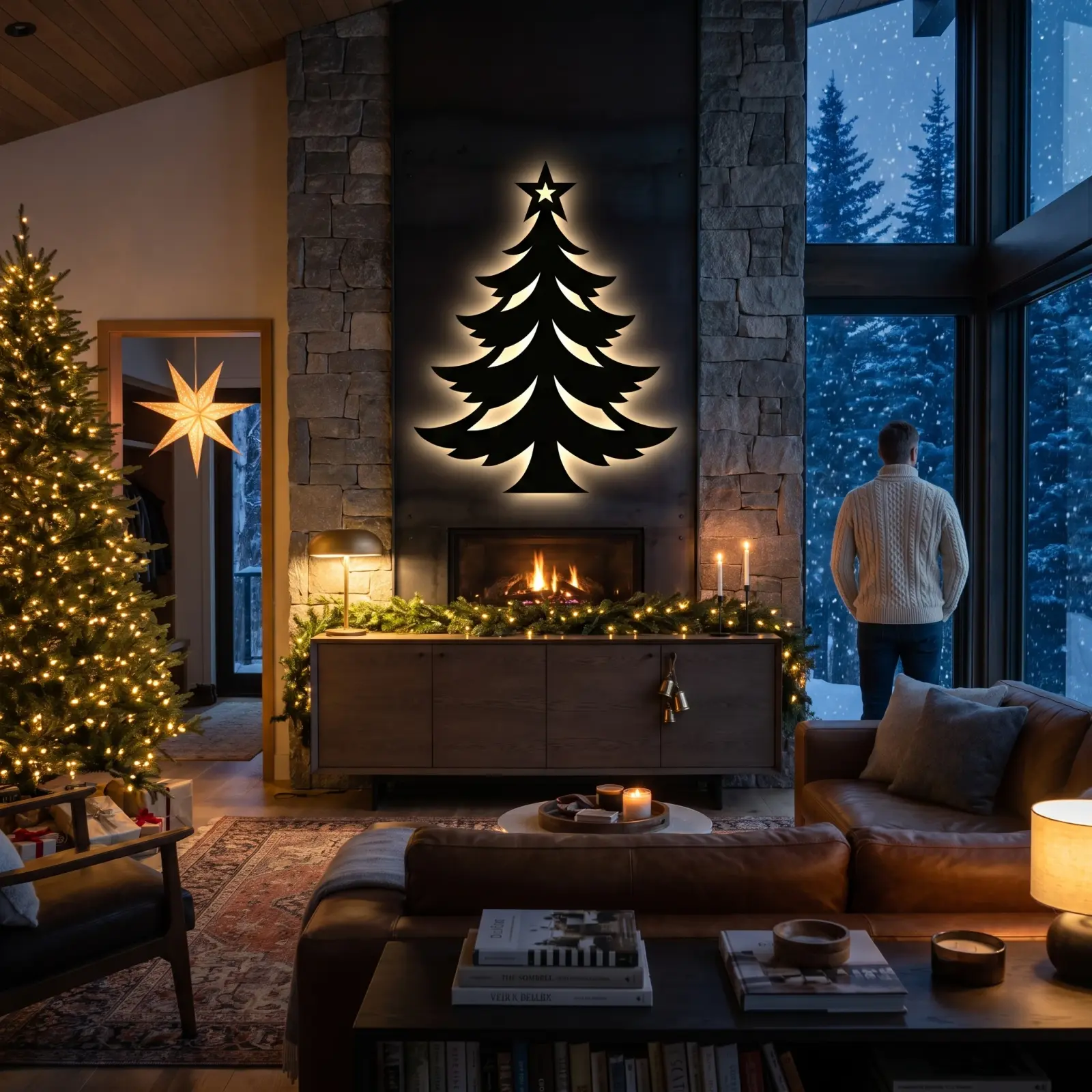 Christmas Tree LED Metal Wall Art Backlit – Ember Spruce, Fireplace Mantel Holiday Decor — 2