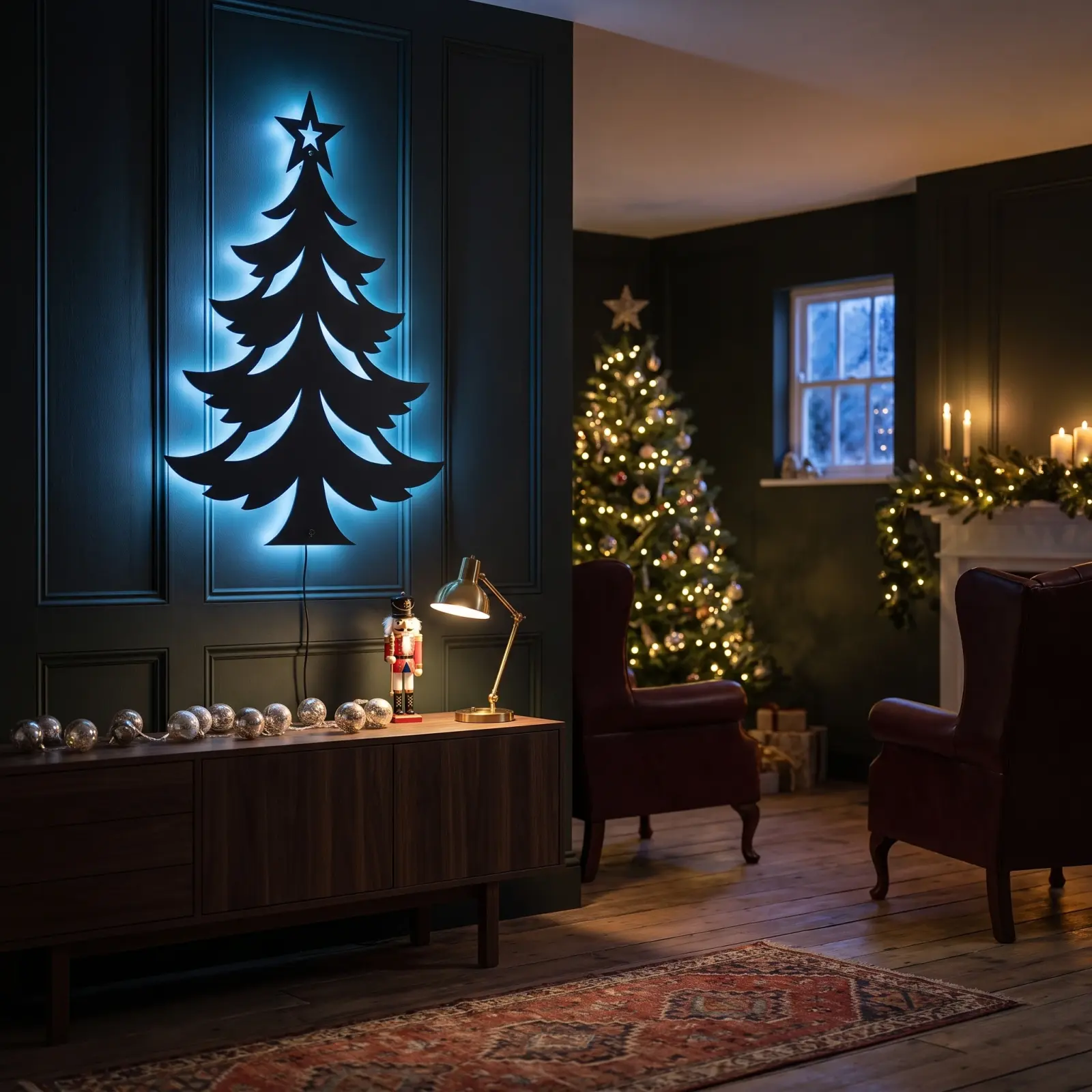 Christmas Tree LED Metal Wall Art Backlit – Ember Spruce, Fireplace Mantel Holiday Decor — 3
