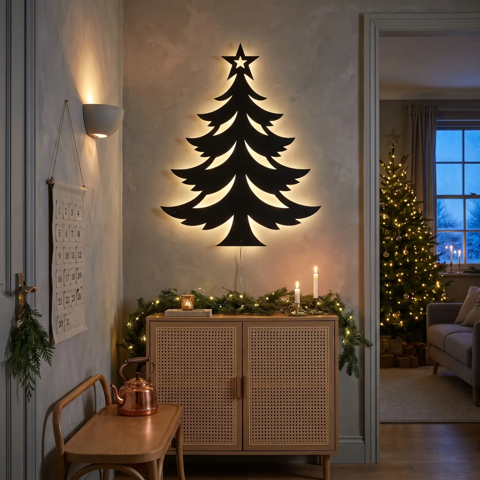 Christmas Tree LED Metal Wall Art Backlit – Ember Spruce, Fireplace Mantel Holiday Decor — 4