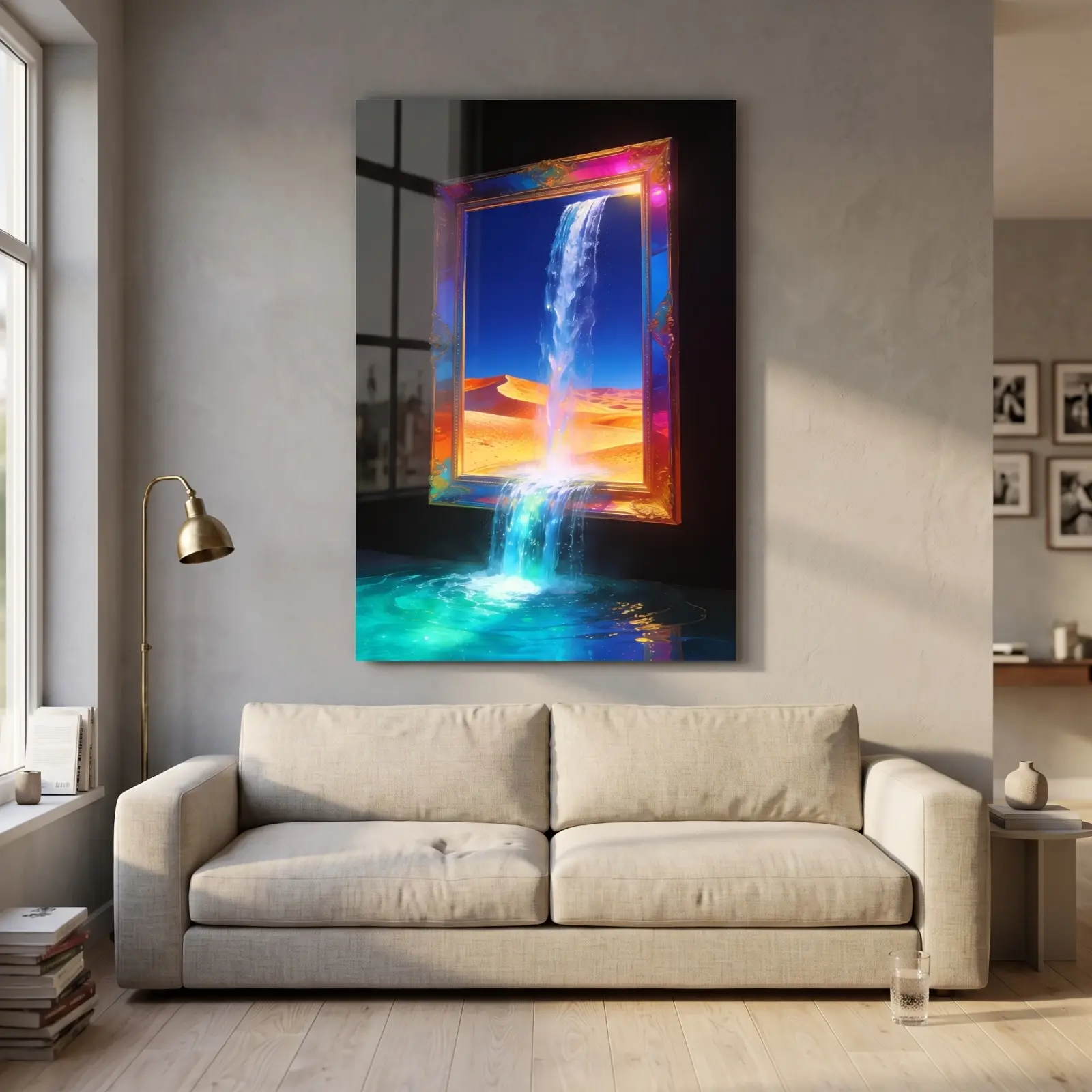 Surreal Waterfall Desert Dune Landscape | Glass Wall Art