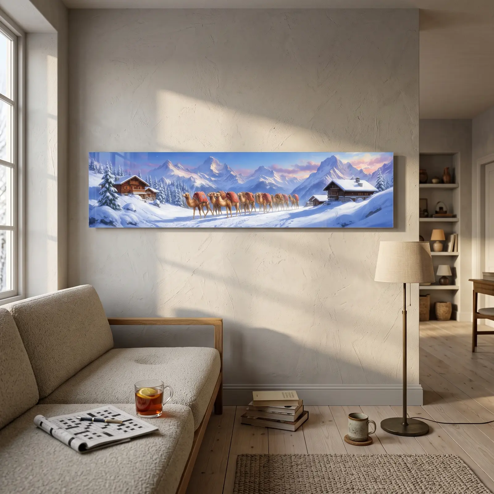 Camel Caravan Snowy Alps Panoramic Landscape | Tempered Glass Wall Art