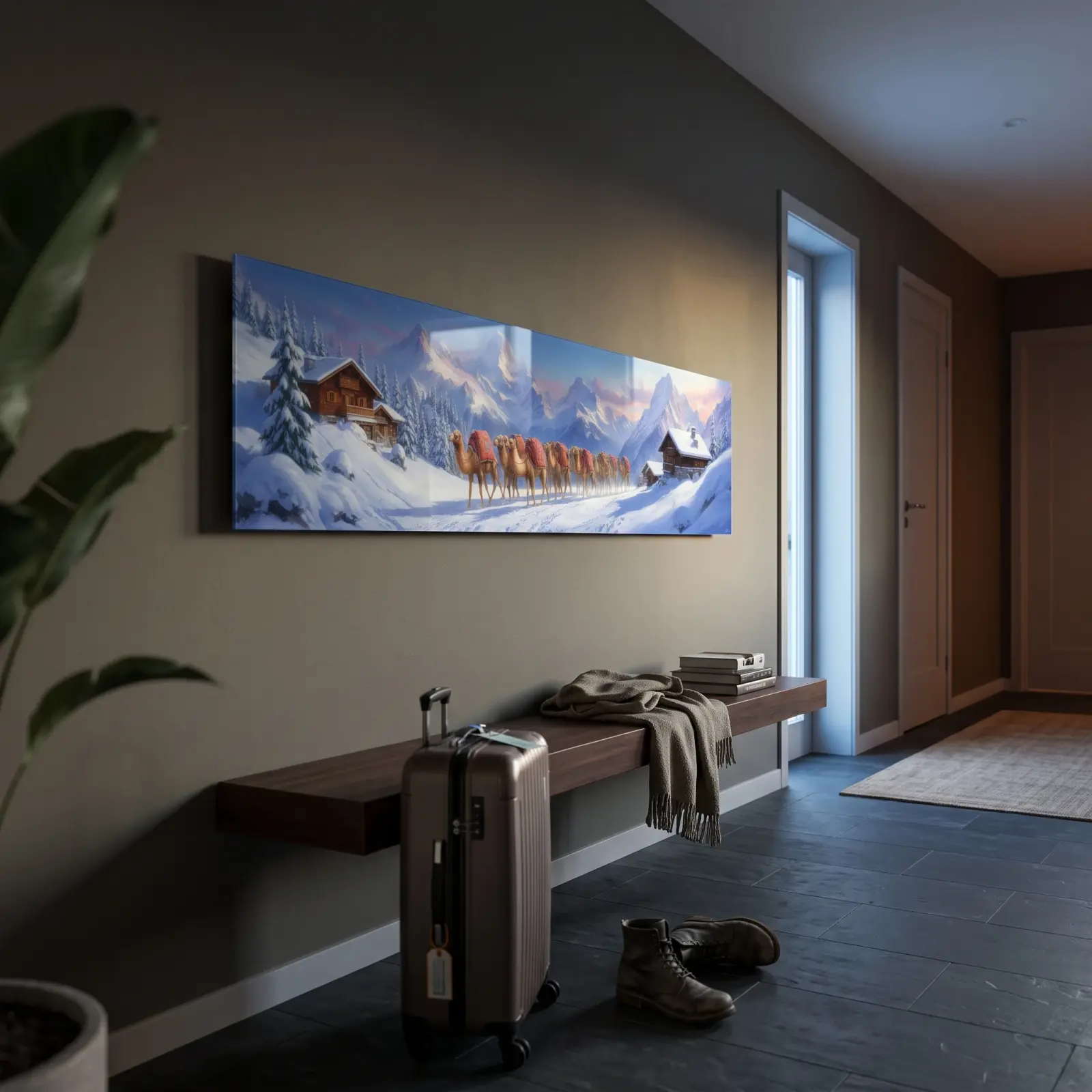Camel Caravan Snowy Alps Panoramic Landscape | Tempered Glass Wall Art — 2