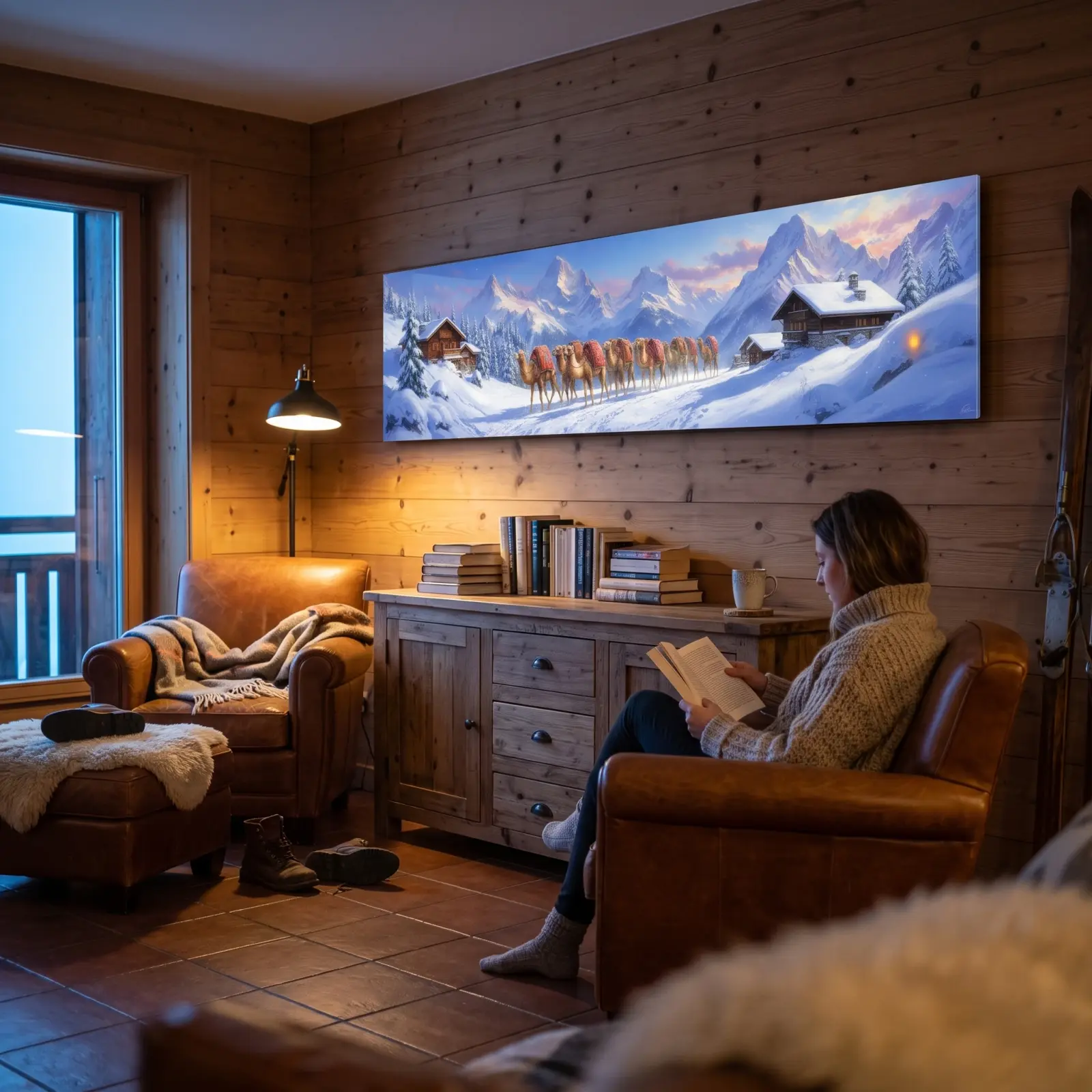 Camel Caravan Snowy Alps Panoramic Landscape | Tempered Glass Wall Art — 3