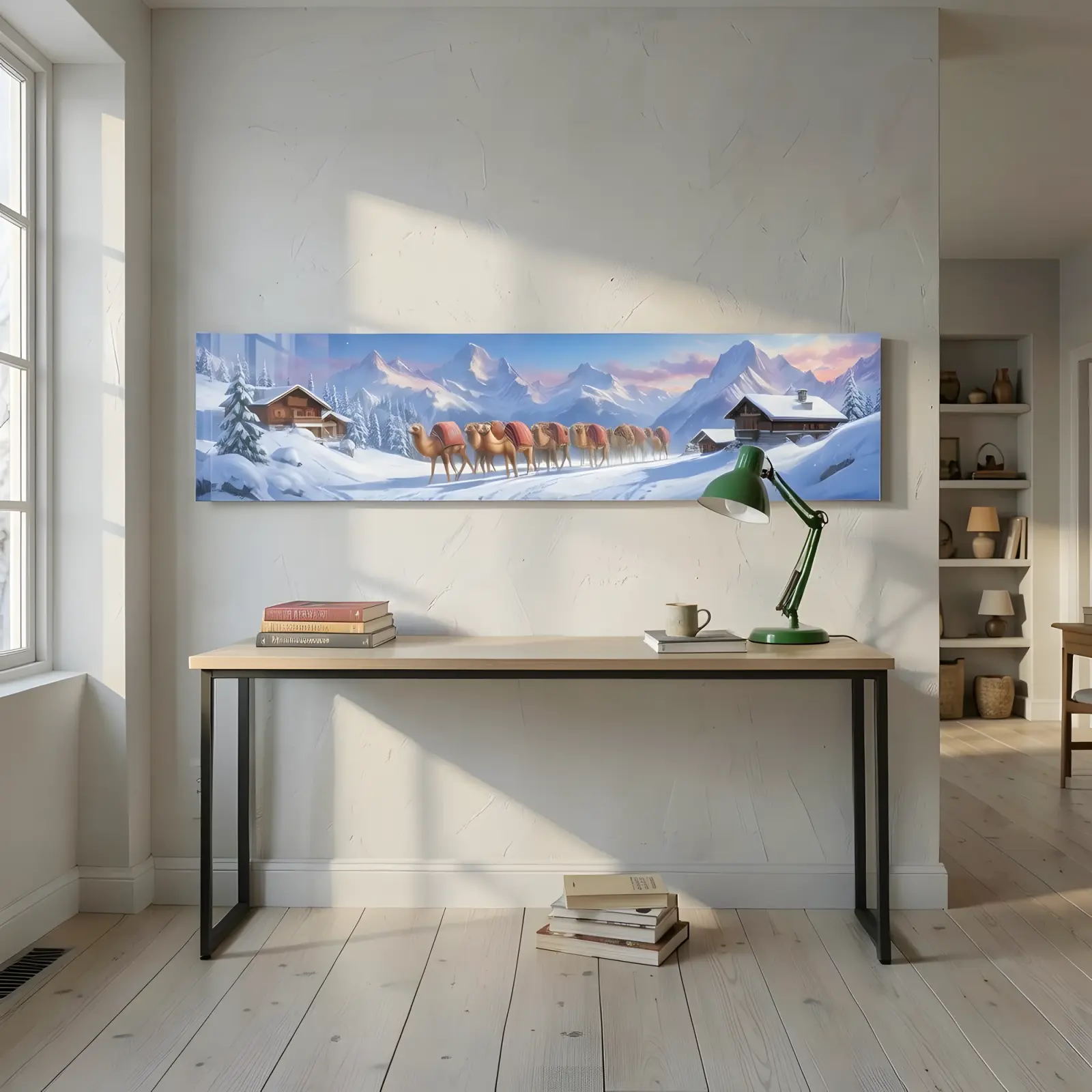 Camel Caravan Snowy Alps Panoramic Landscape | Tempered Glass Wall Art — 4