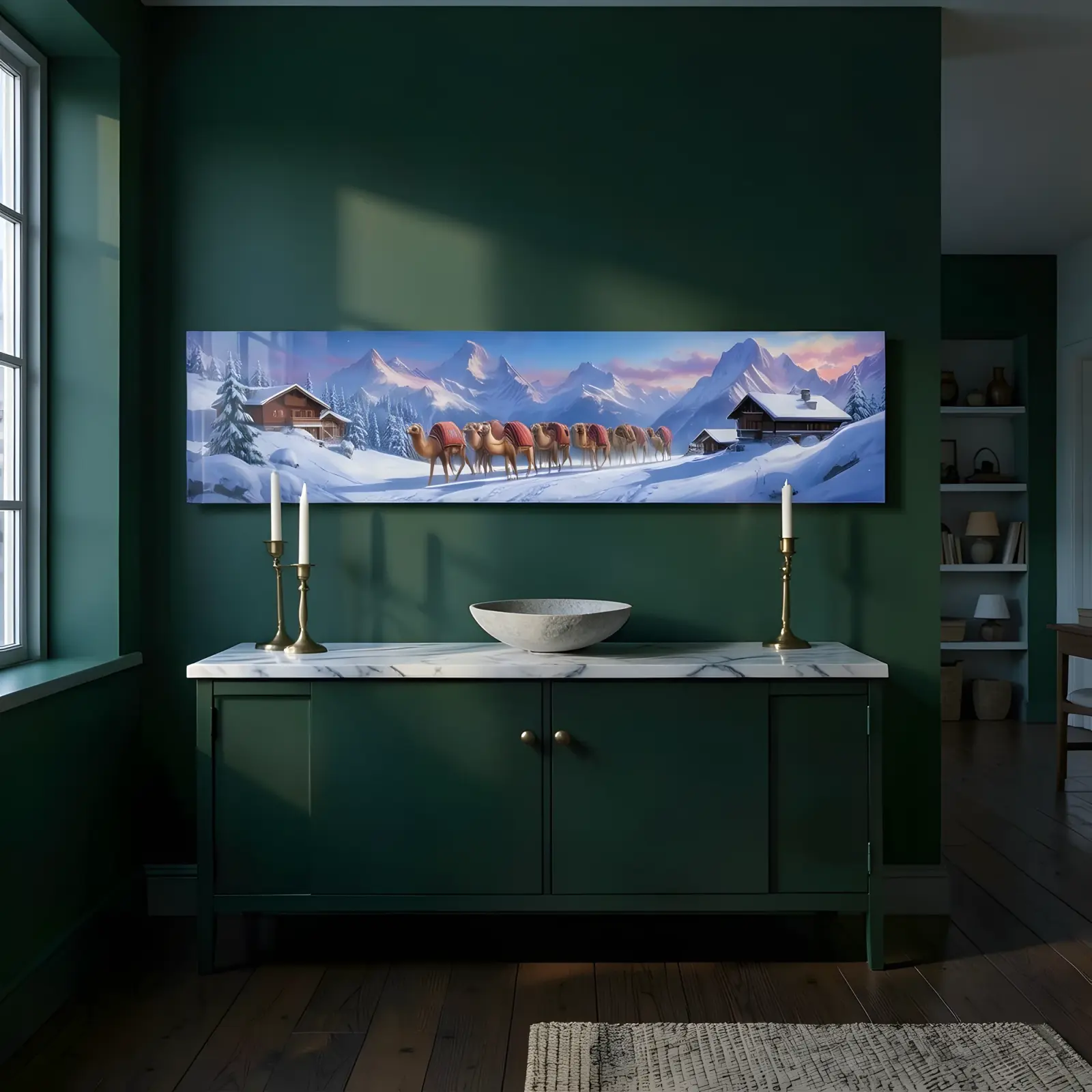 Camel Caravan Snowy Alps Panoramic Landscape | Tempered Glass Wall Art — 5