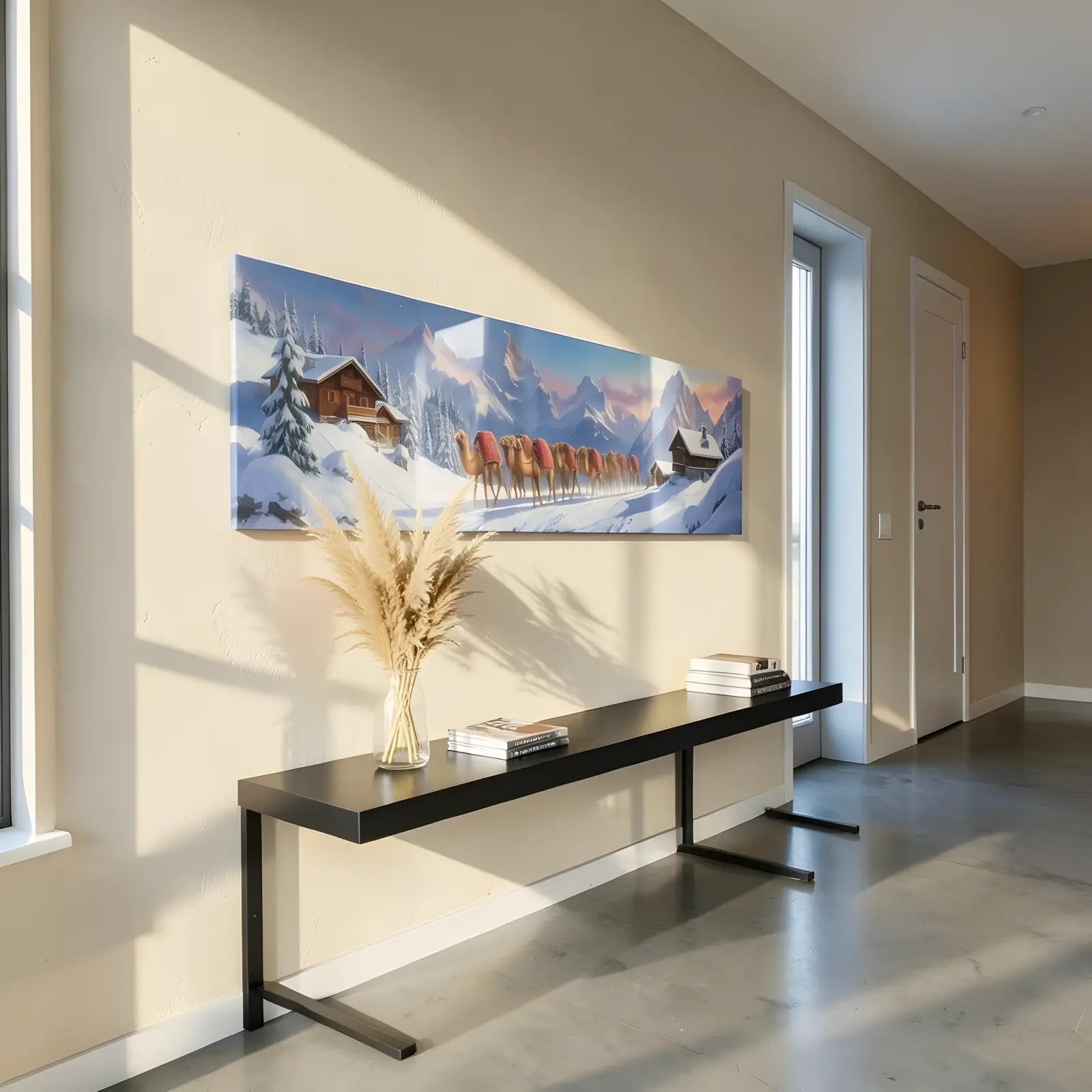 Camel Caravan Snowy Alps Panoramic Landscape | Tempered Glass Wall Art — 7
