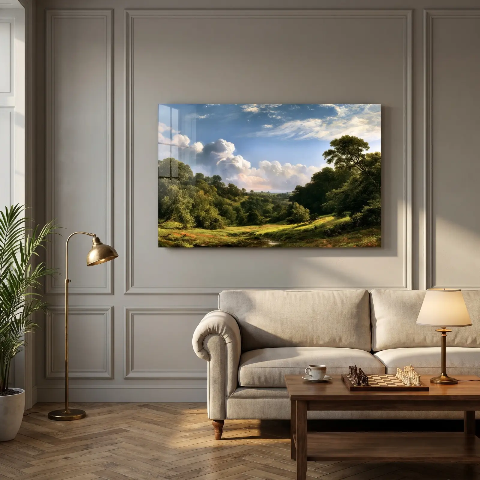 Pastoral Valley Landscape Painting Summer Meadow | Glass Wall Art