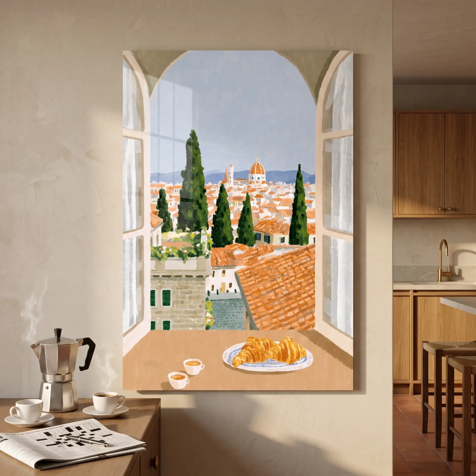 Tuscan Window View Italian Breakfast Scene | Glass Wall Art