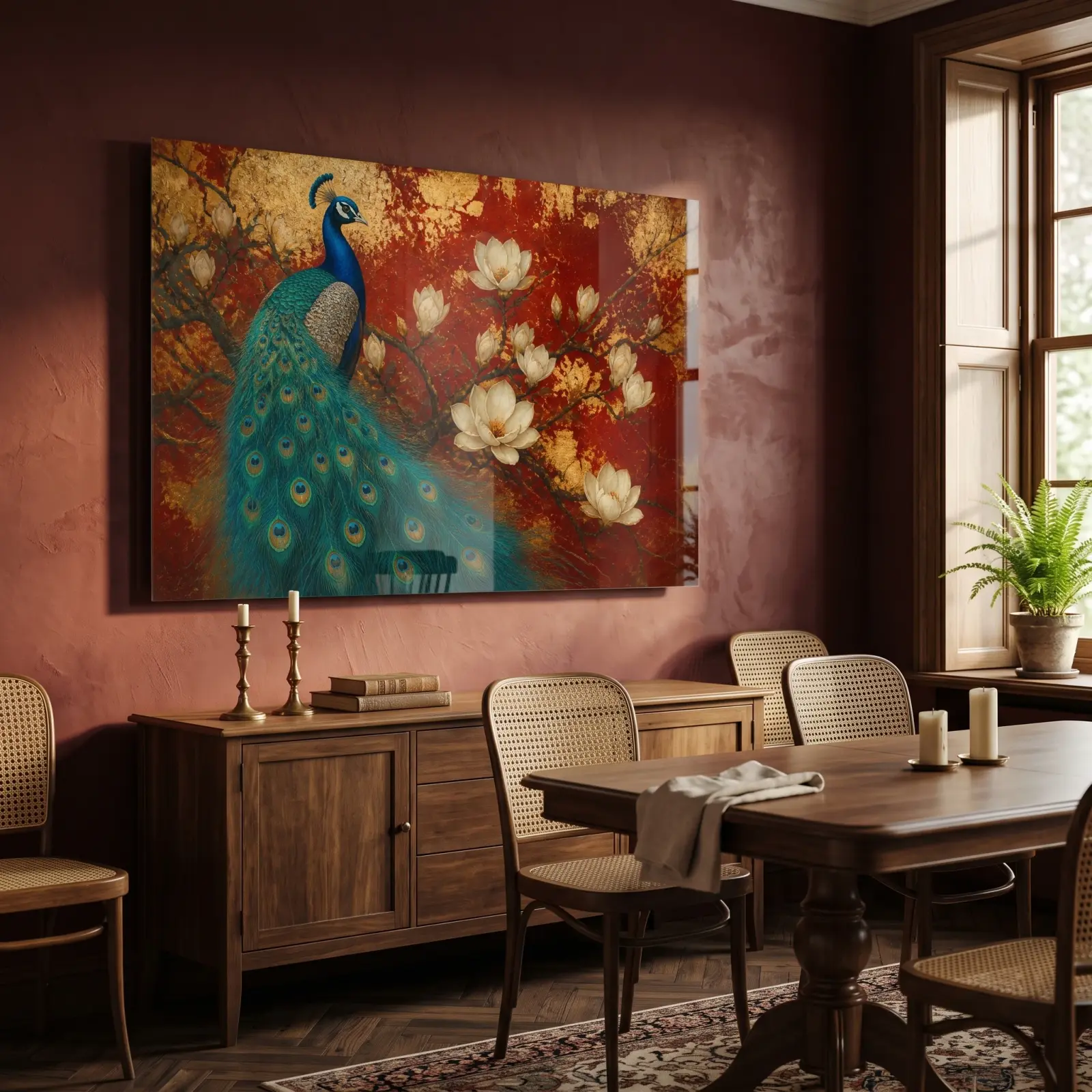 Peacock Gold Leaf Wall Art Red Magnolia | Glass Wall Art