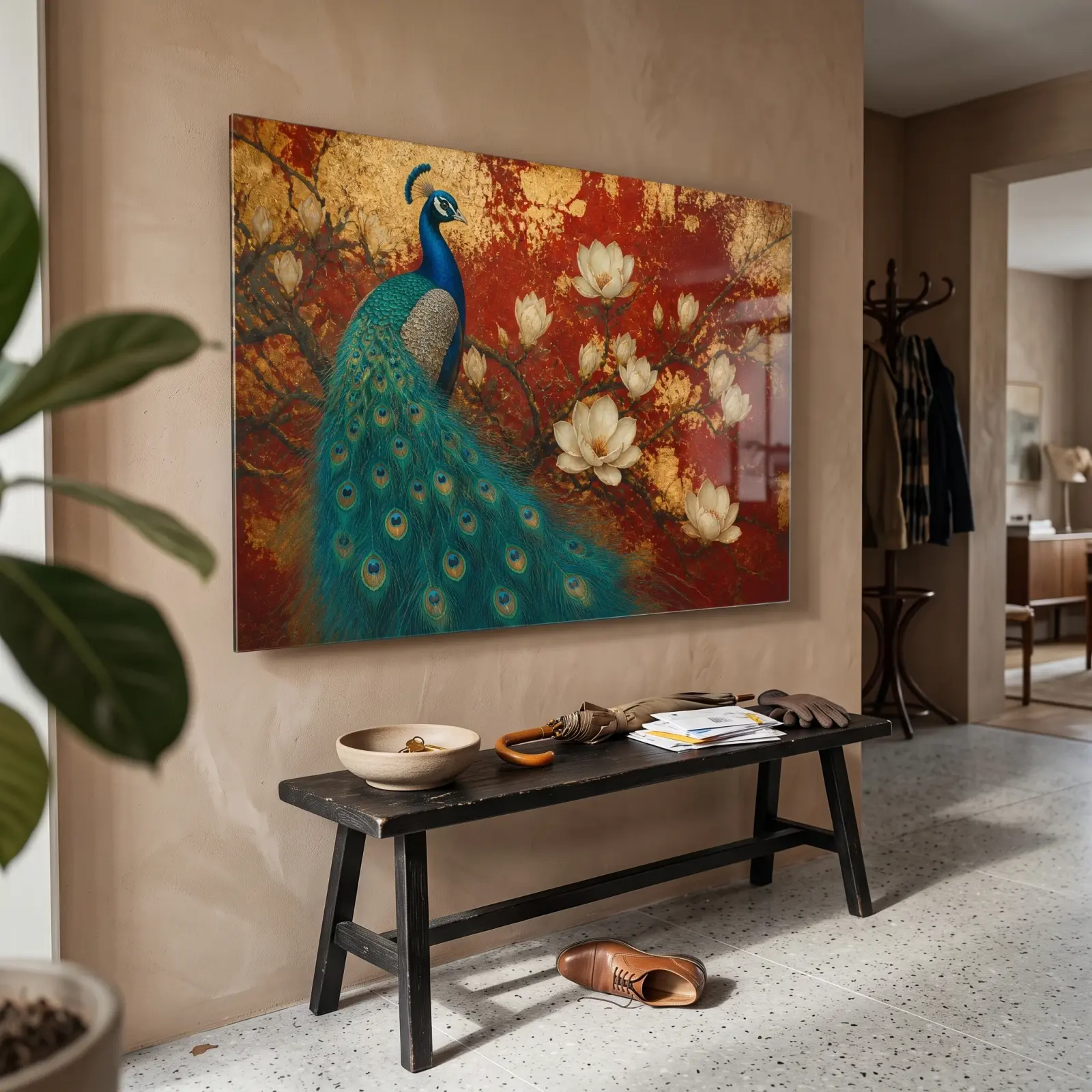 Peacock Gold Leaf Wall Art Red Magnolia | Glass Wall Art — 2