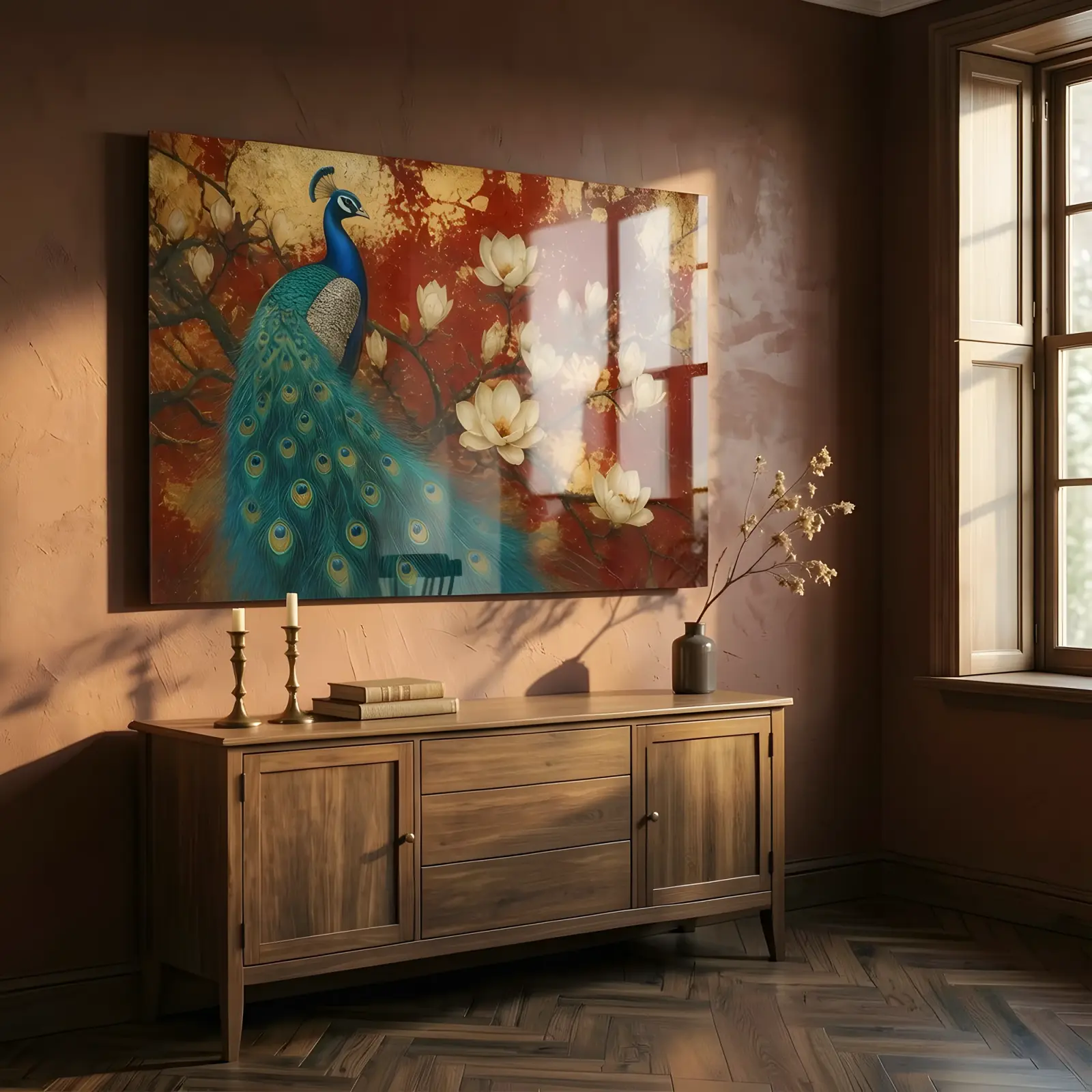 Peacock Gold Leaf Wall Art Red Magnolia | Glass Wall Art — 4