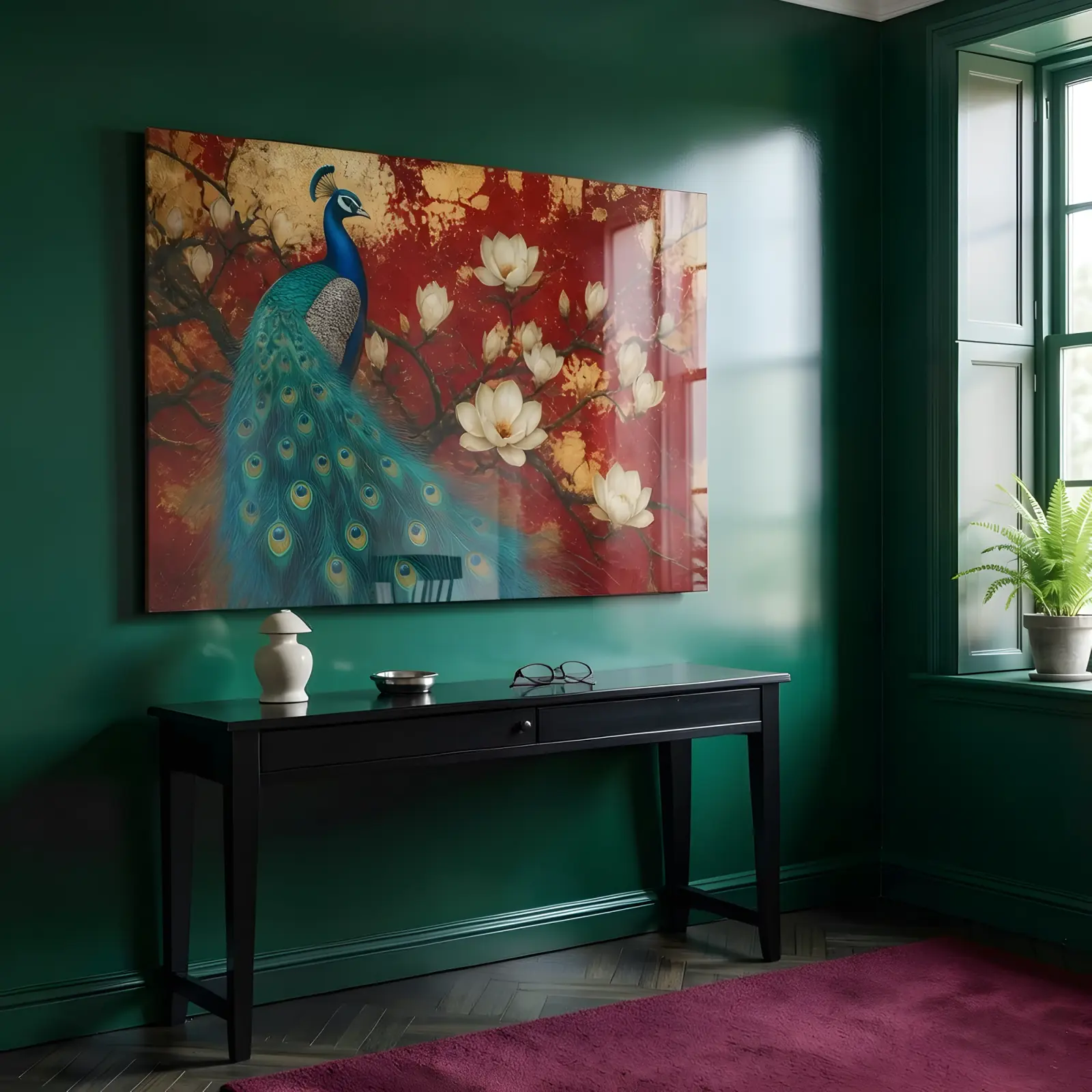 Peacock Gold Leaf Wall Art Red Magnolia | Glass Wall Art — 5