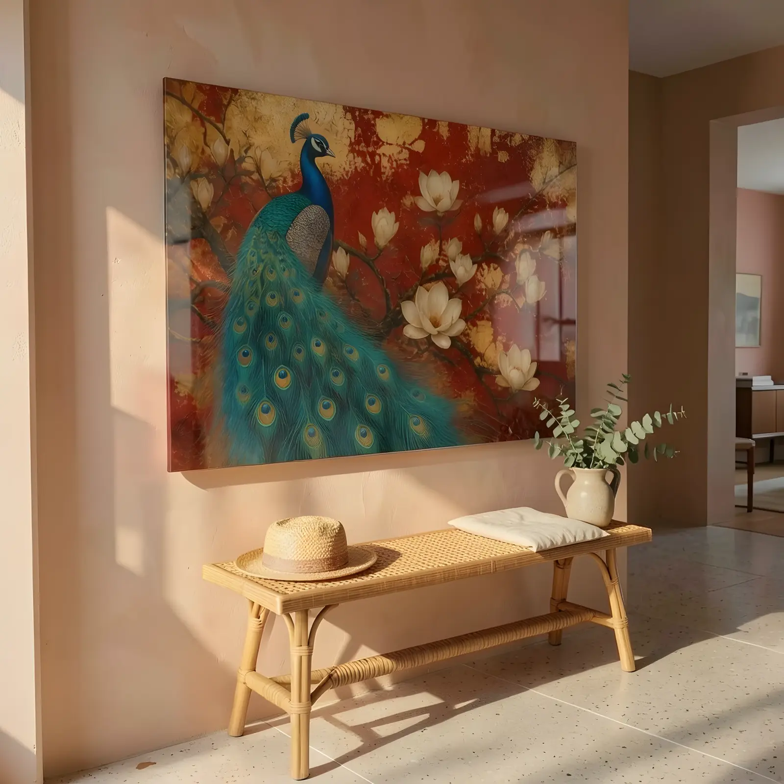Peacock Gold Leaf Wall Art Red Magnolia | Glass Wall Art — 6