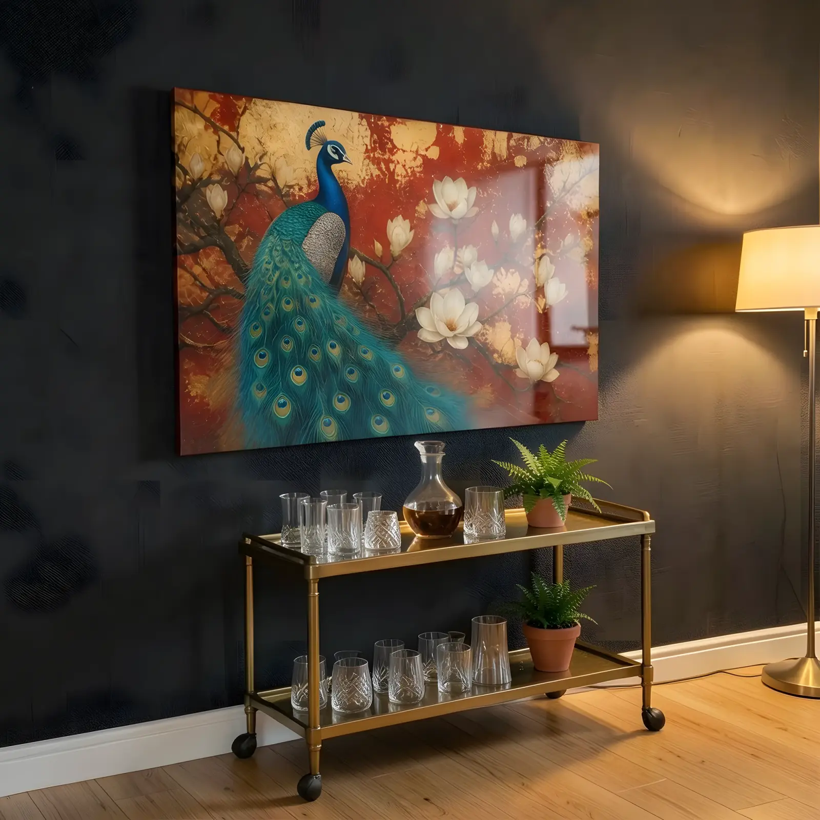 Peacock Gold Leaf Wall Art Red Magnolia | Glass Wall Art — 7