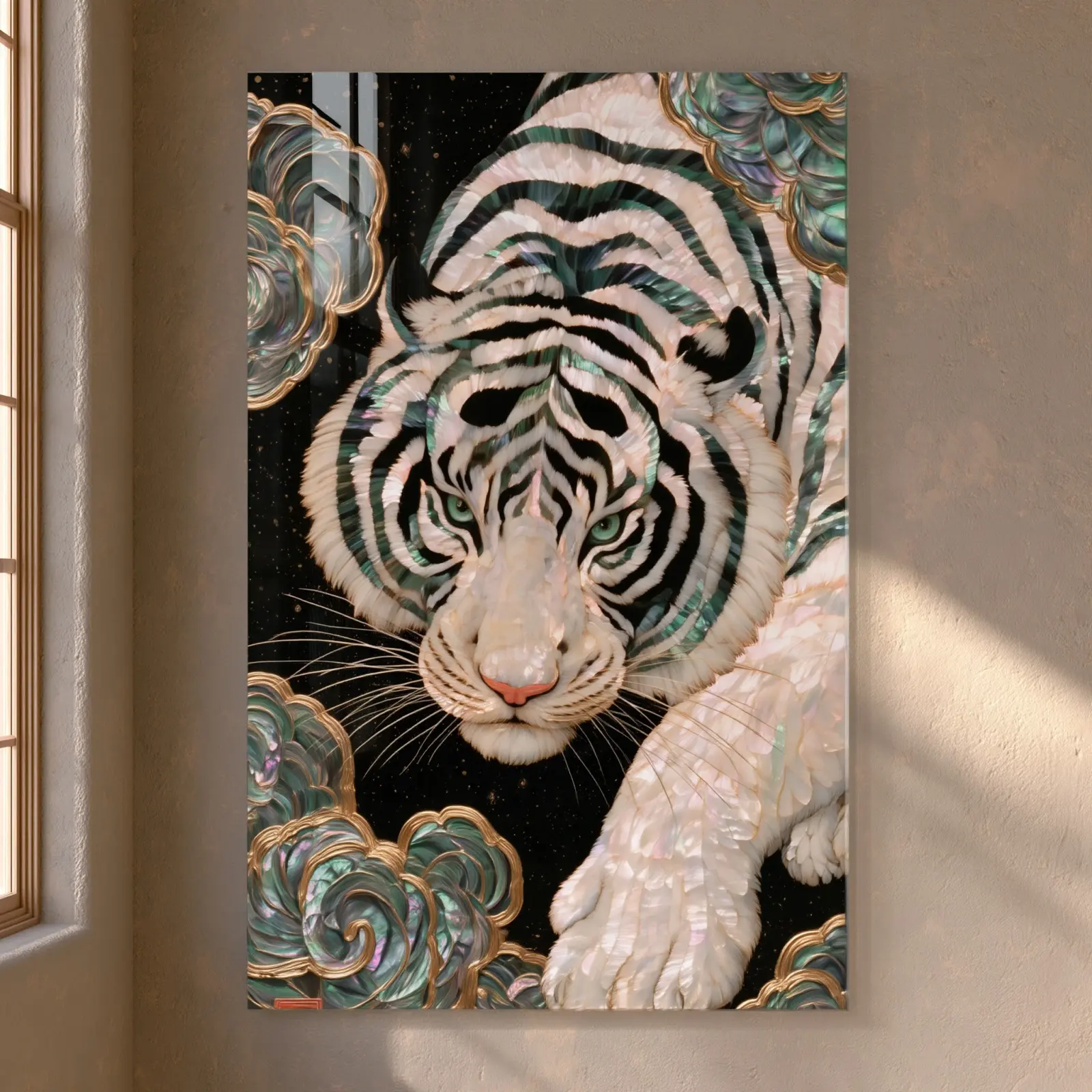 White Tiger Glass Wall Art Pearl Iridescent Celestial | Tempered Glass Print