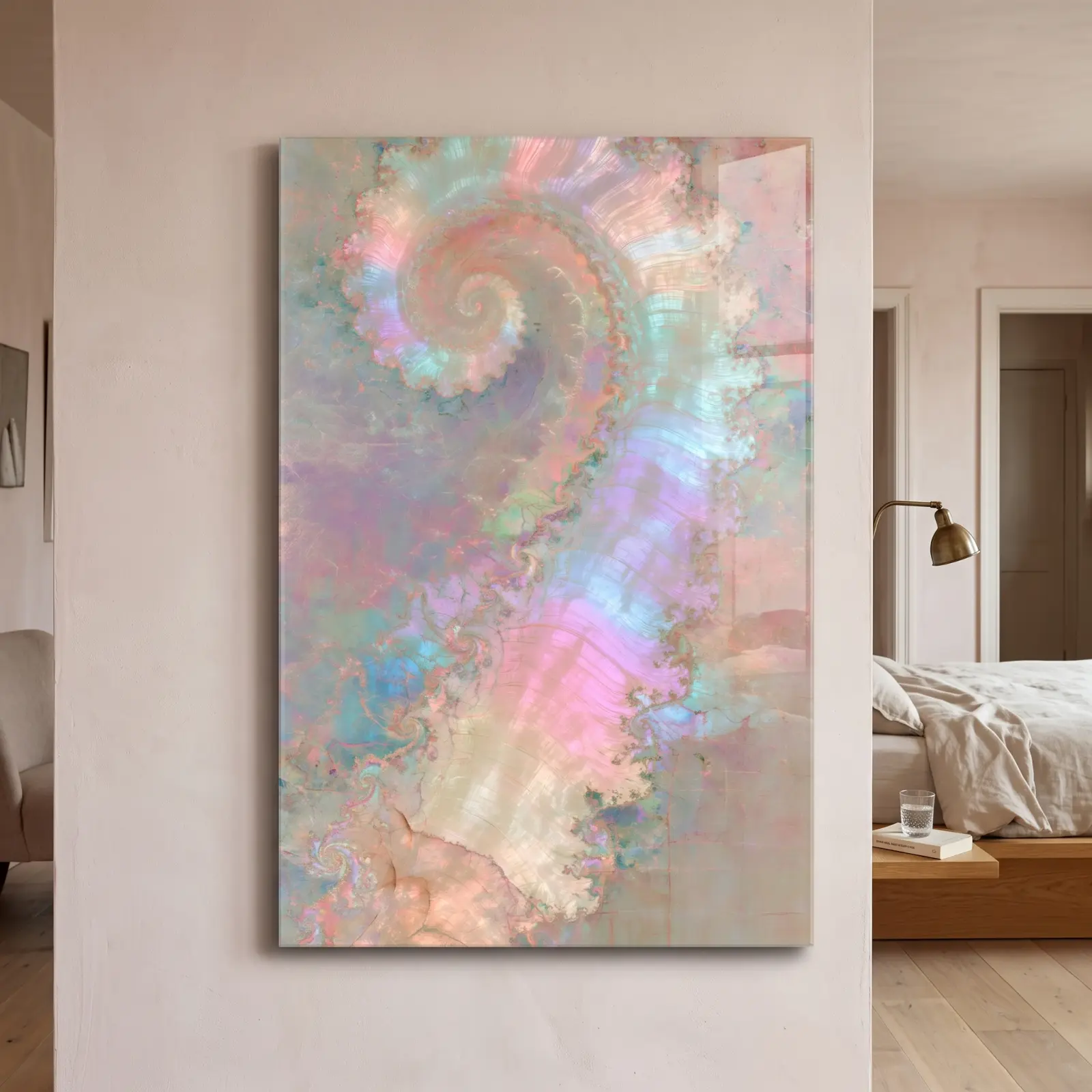 Pastel Fractal Spiral Iridescent Shell Glass Wall Art