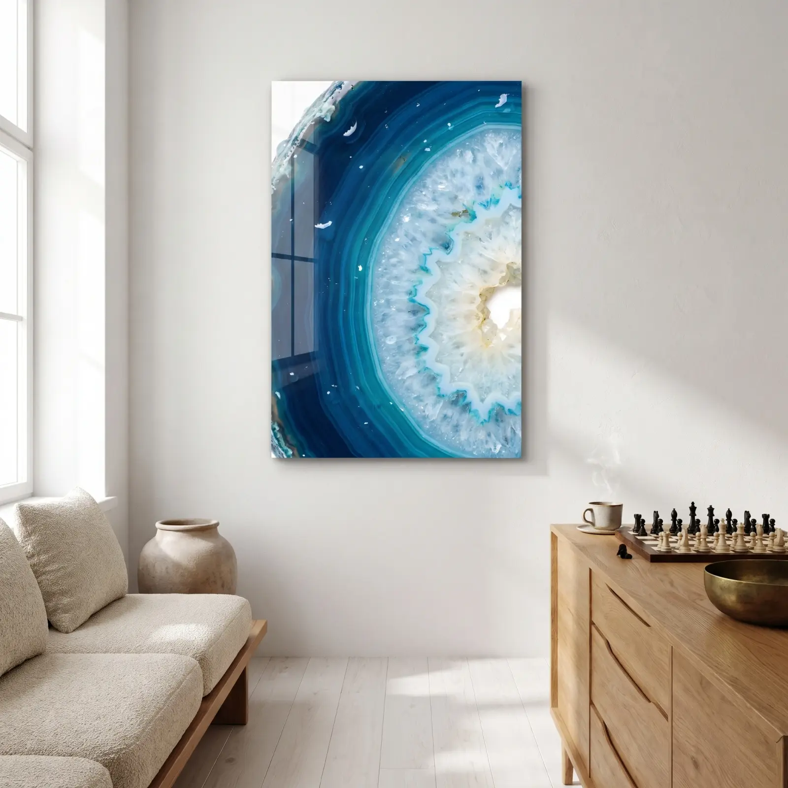 Blue Agate Slice Art Teal Crystal Geode | Glass Wall Decor