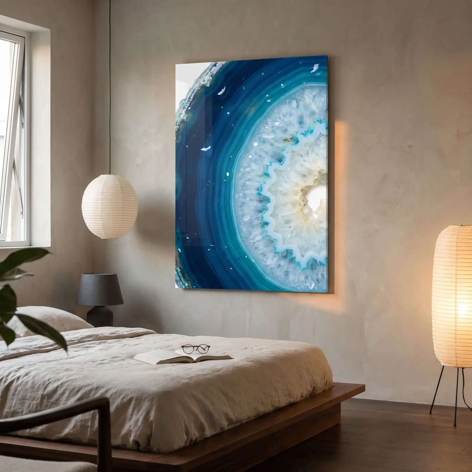 Blue Agate Slice Art Teal Crystal Geode | Glass Wall Decor — 2