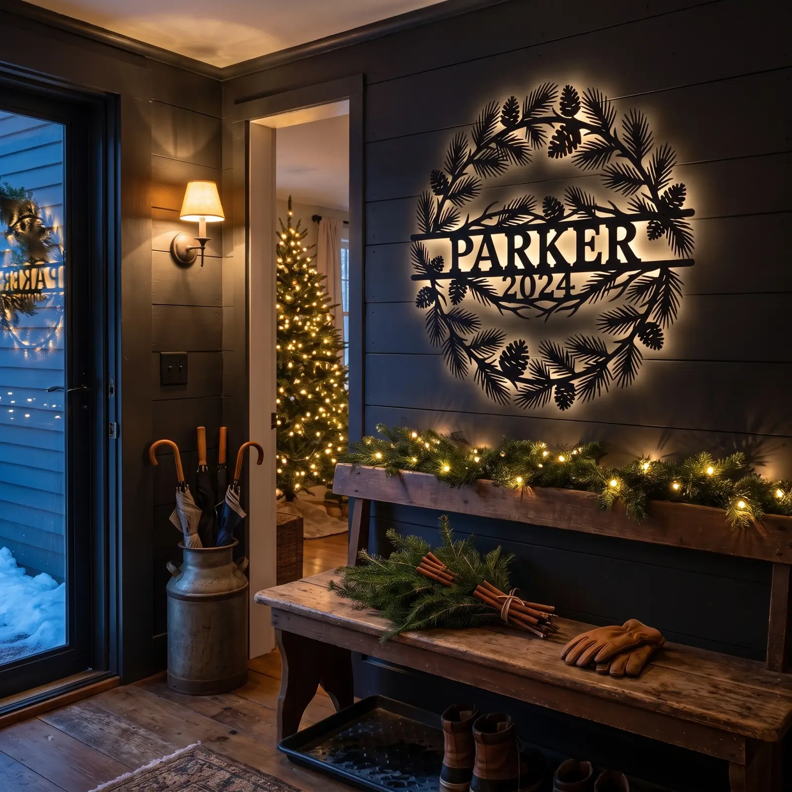 Personalized Christmas Wreath Metal Wall Art LED Backlit – Balsam Watch, Front Door Family Decor — 7