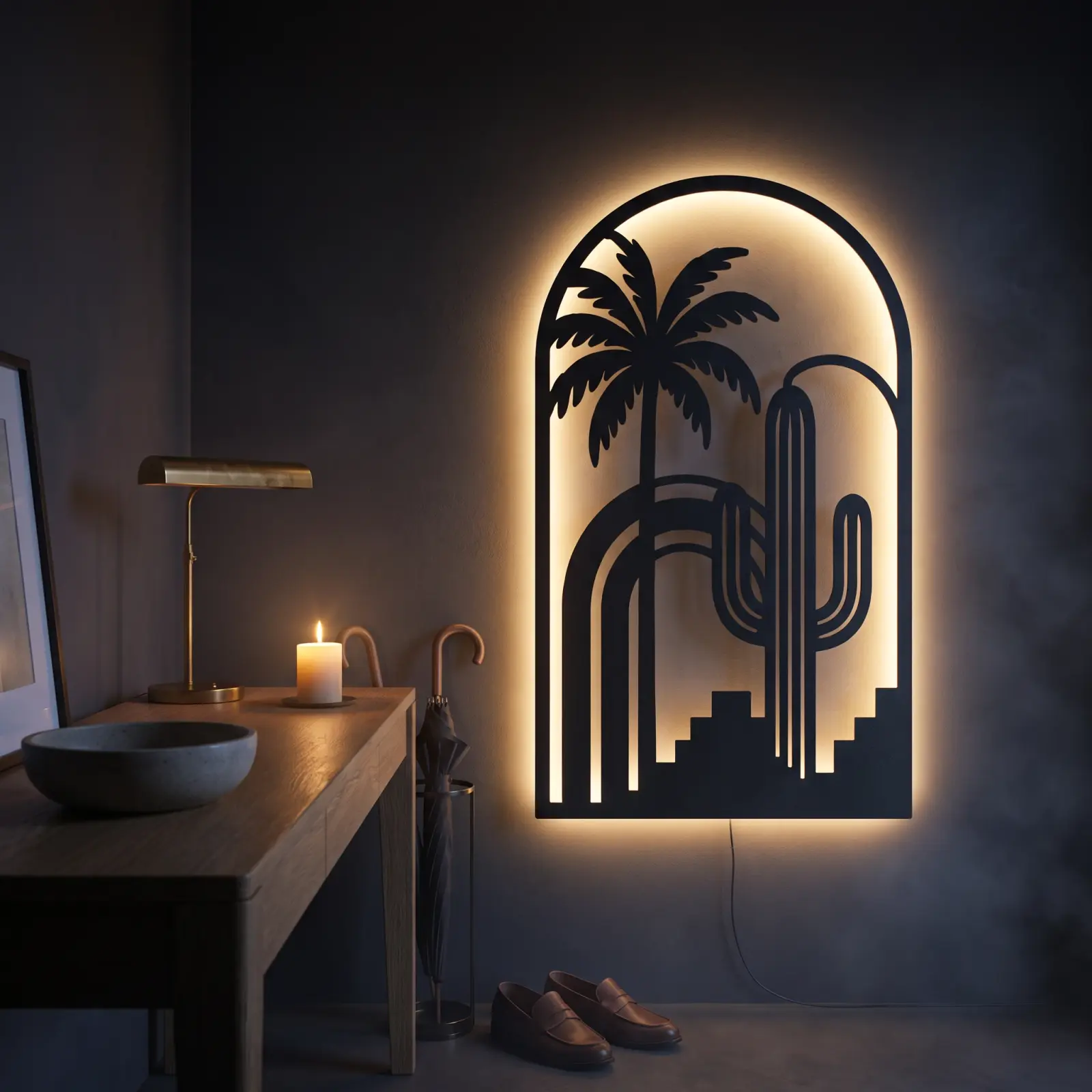 Palm and Cactus LED Metal Wall Art – Desert Mirage, Southwest Living Room Decor