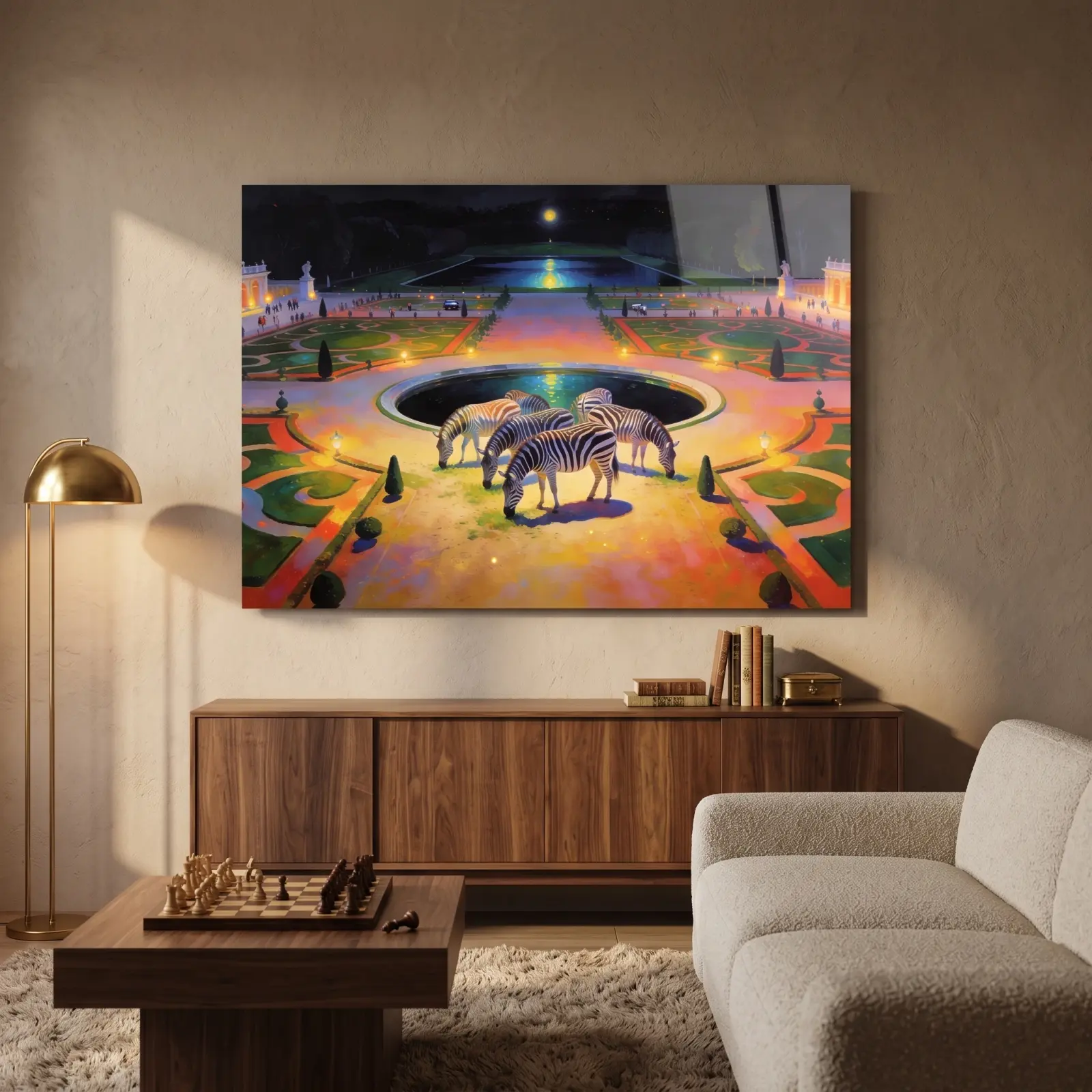 Zebra Moonlit Garden Art Palace Night Scene | Glass Wall Art