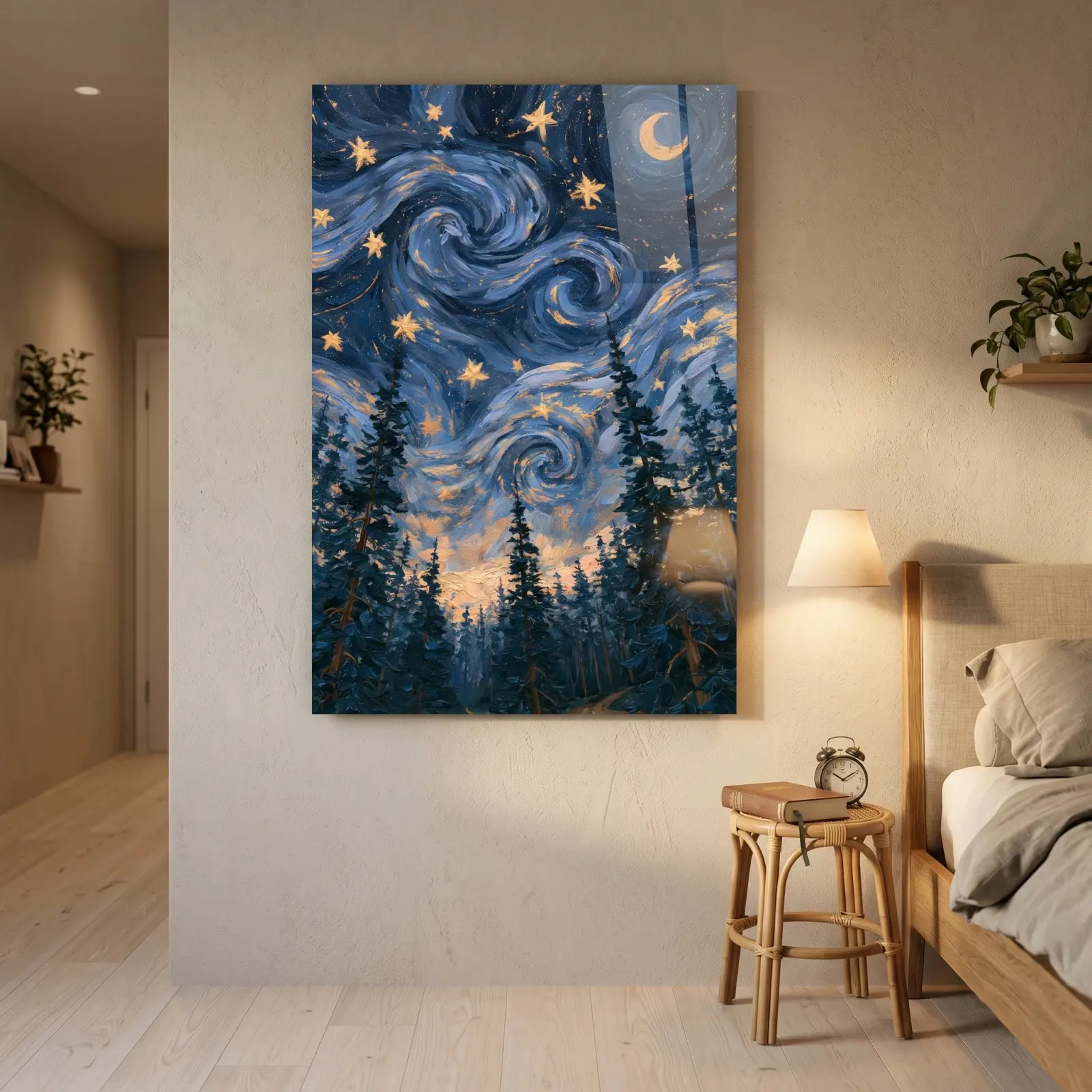 Starry Night Forest Wall Art Swirling Sky | Glass Wall Art