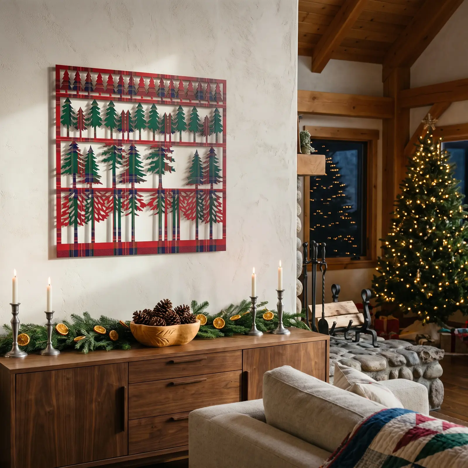Christmas Tartan Forest Metal Wall Art – Plaid Pines, Holiday Living Room Decor