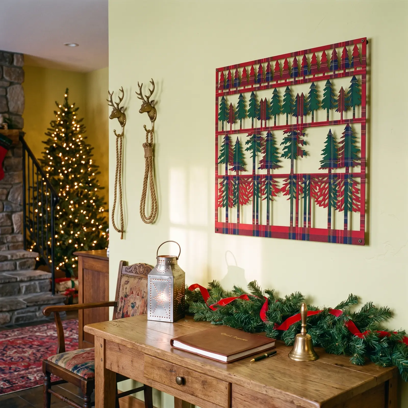 Christmas Tartan Forest Metal Wall Art – Plaid Pines, Holiday Living Room Decor — 3
