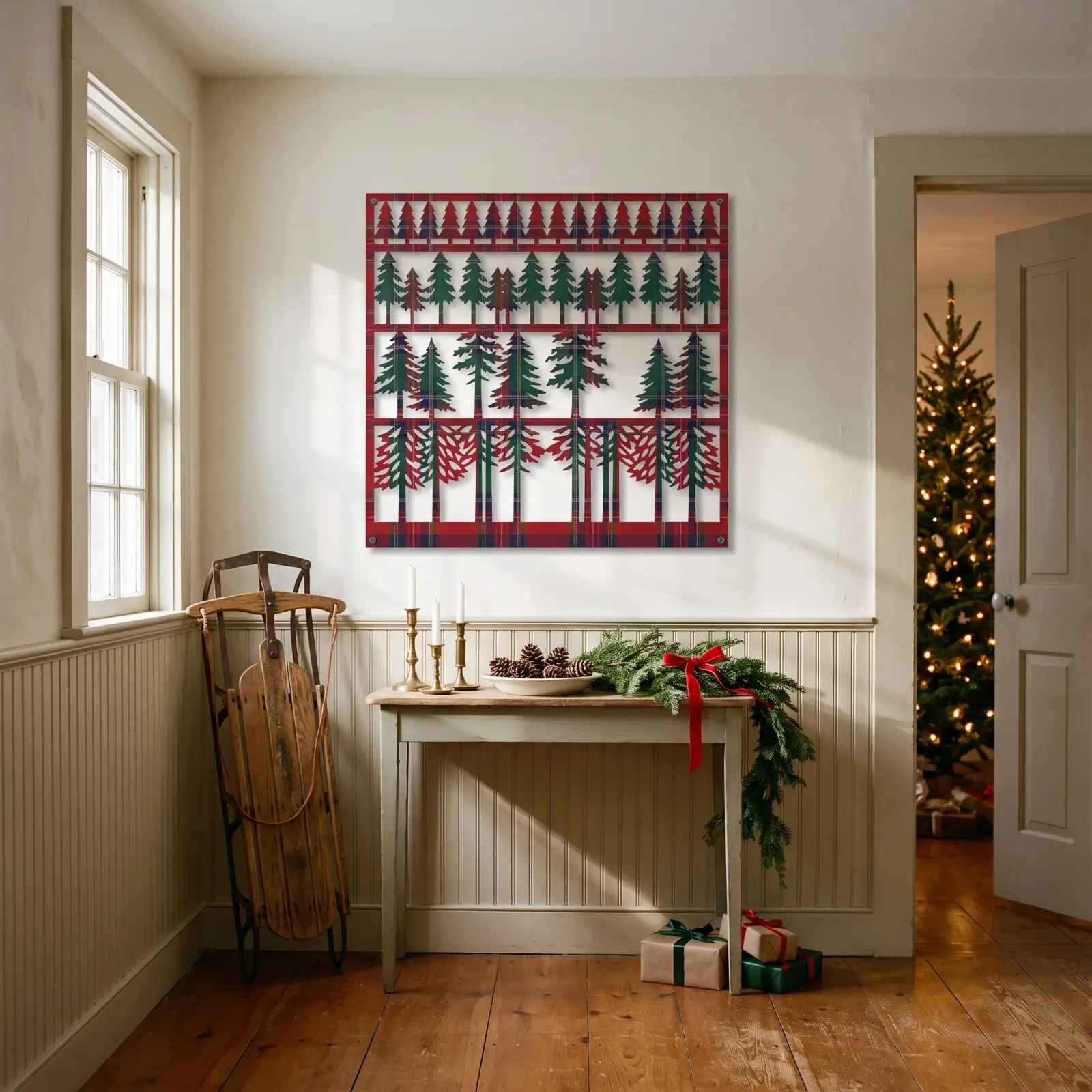 Christmas Tartan Forest Metal Wall Art – Plaid Pines, Holiday Living Room Decor — 4