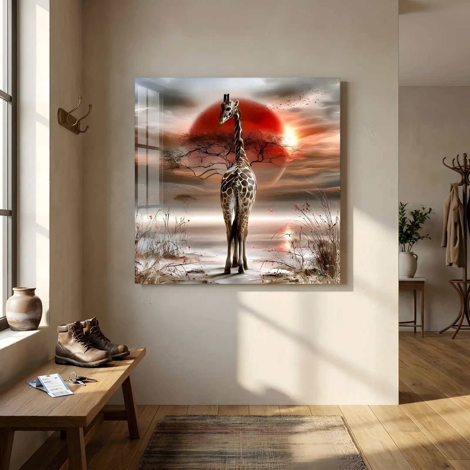 Giraffe Safari Wall Art Red Sun Savanna Scene | Glass Wall Art